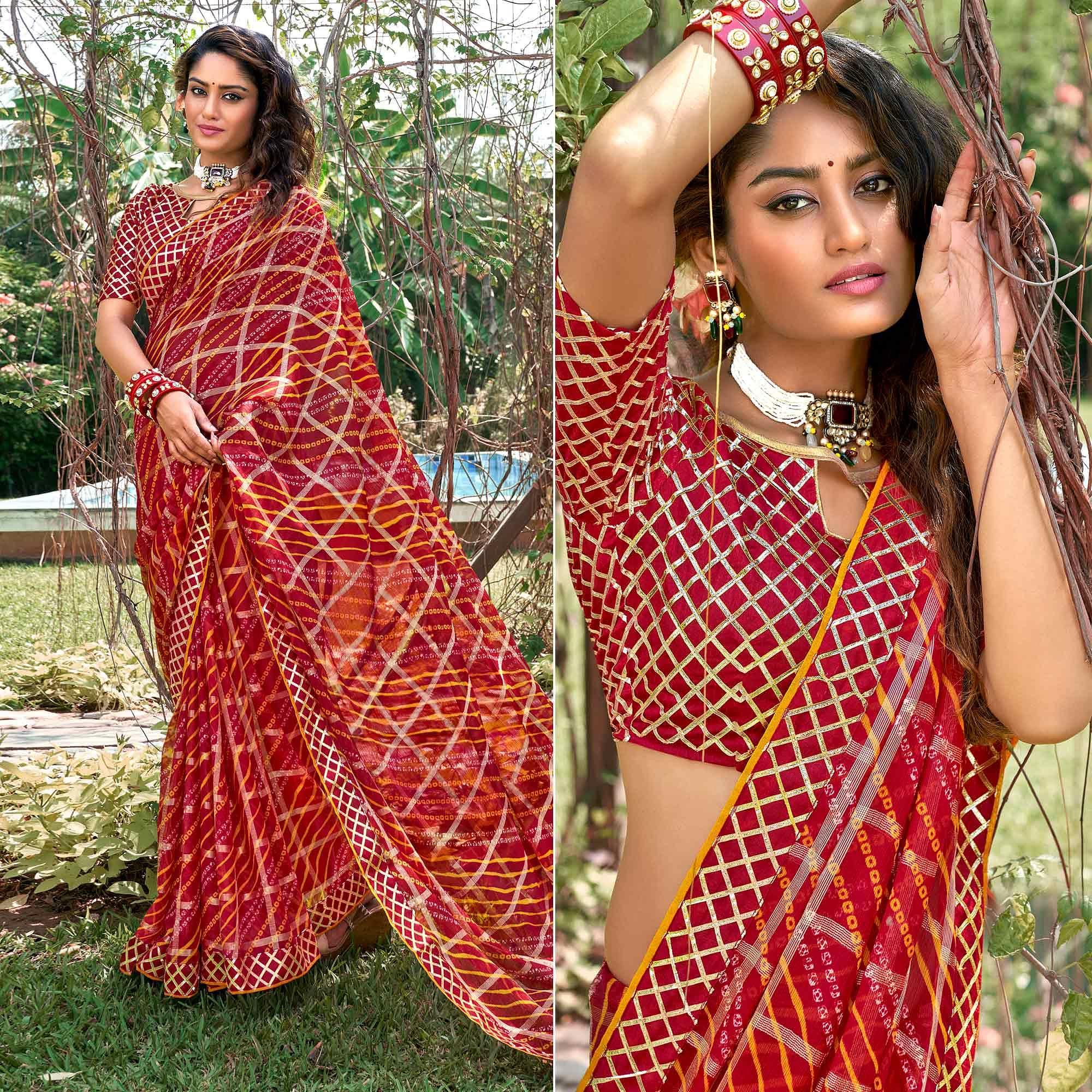 Maroon Bandhani Printed-Checks Weaving Chiffon Saree - Peachmode