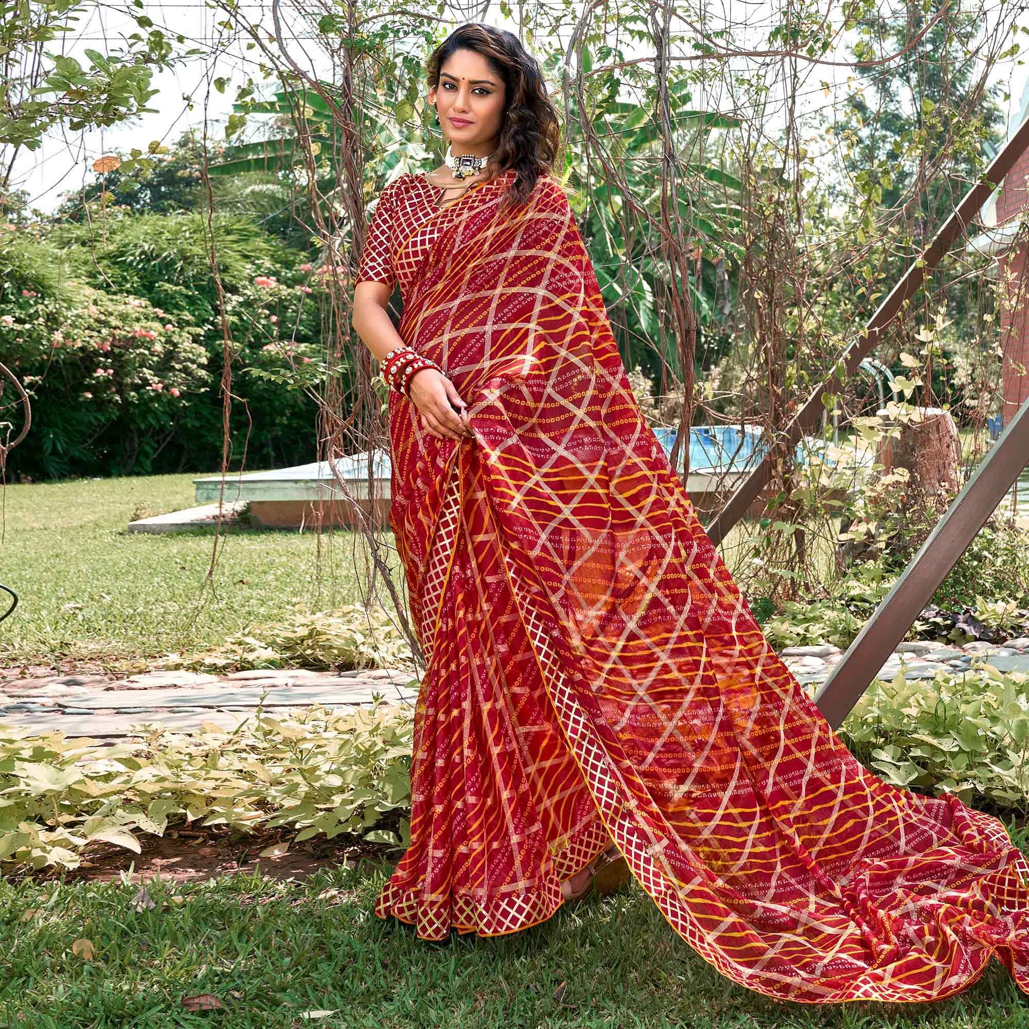 Maroon Bandhani Printed-Checks Weaving Chiffon Saree - Peachmode