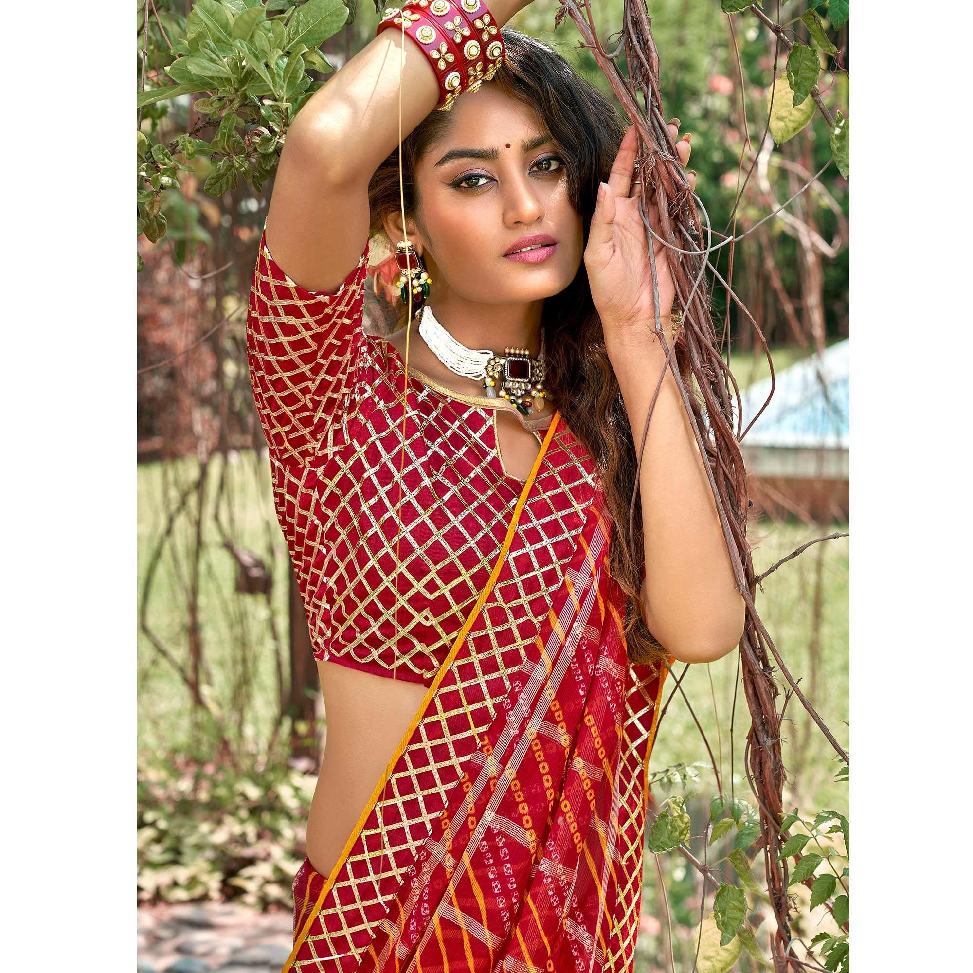 Maroon Bandhani Printed-Checks Weaving Chiffon Saree - Peachmode