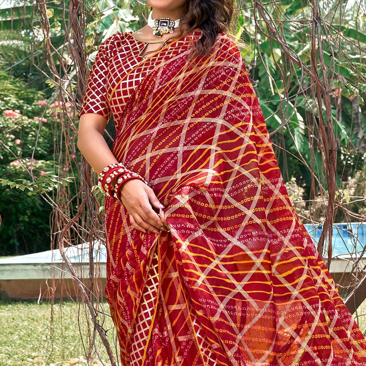 Maroon Bandhani Printed-Checks Weaving Chiffon Saree - Peachmode