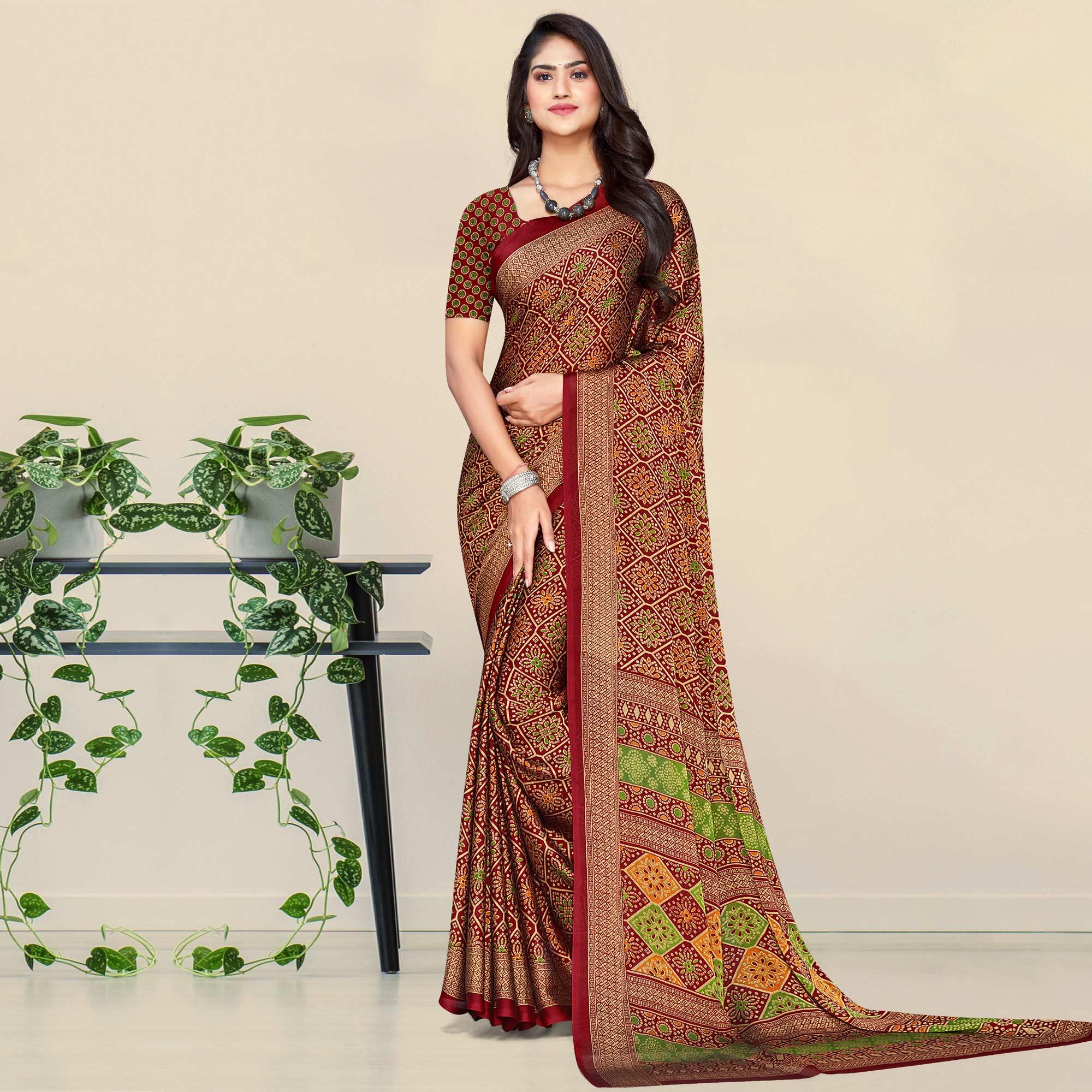 Maroon Bandhani Printed Chiffon Saree - Peachmode