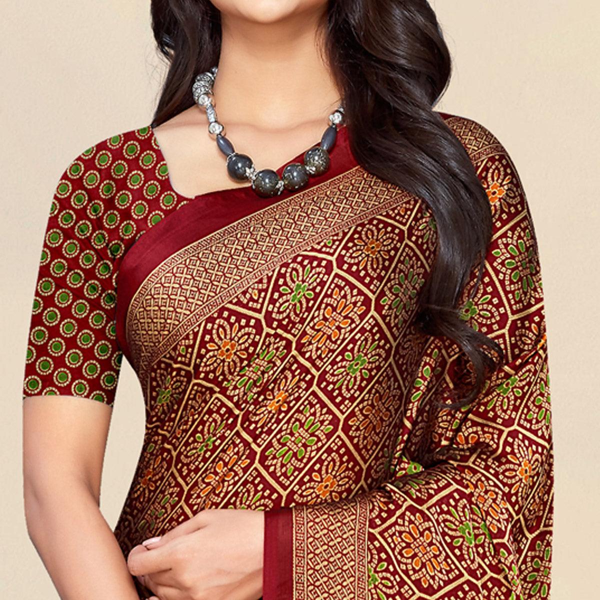 Maroon Bandhani Printed Chiffon Saree - Peachmode