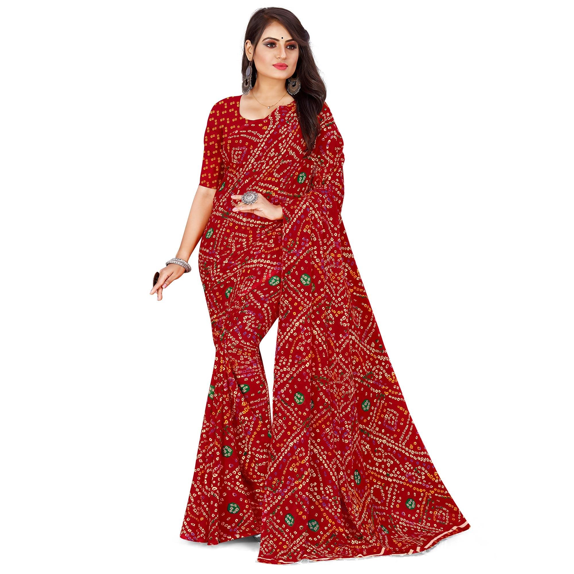 Maroon Bandhani Printed Georgette Saree - Peachmode