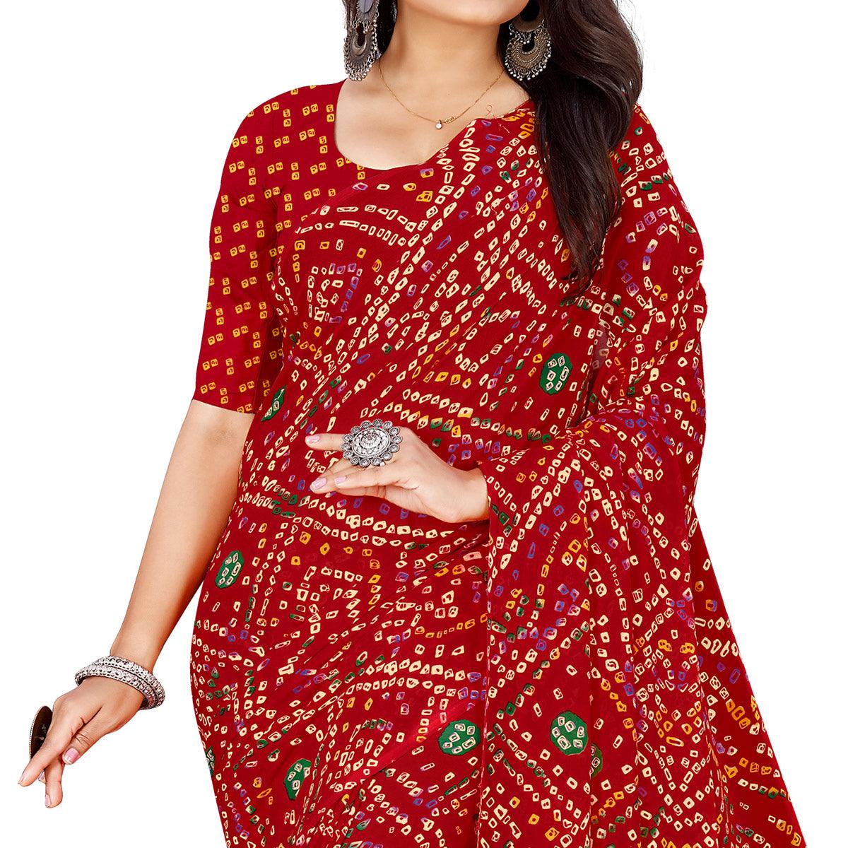 Maroon Bandhani Printed Georgette Saree - Peachmode
