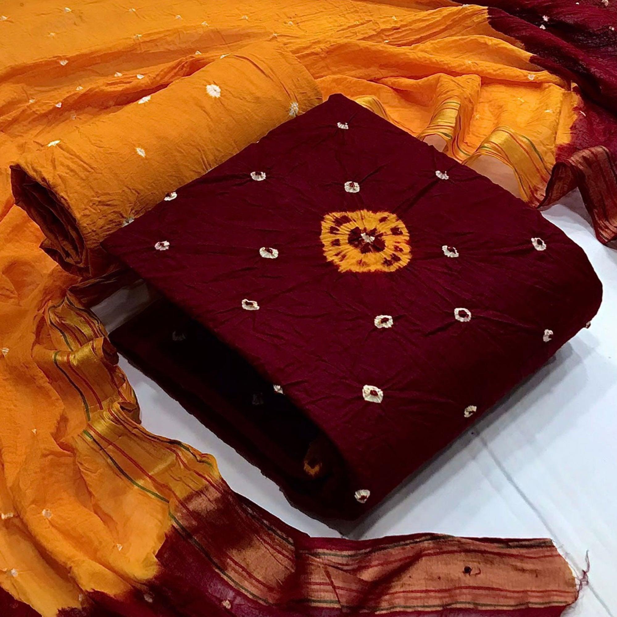 Maroon Bandhani Printed Pure Cotton Dress Material - Peachmode