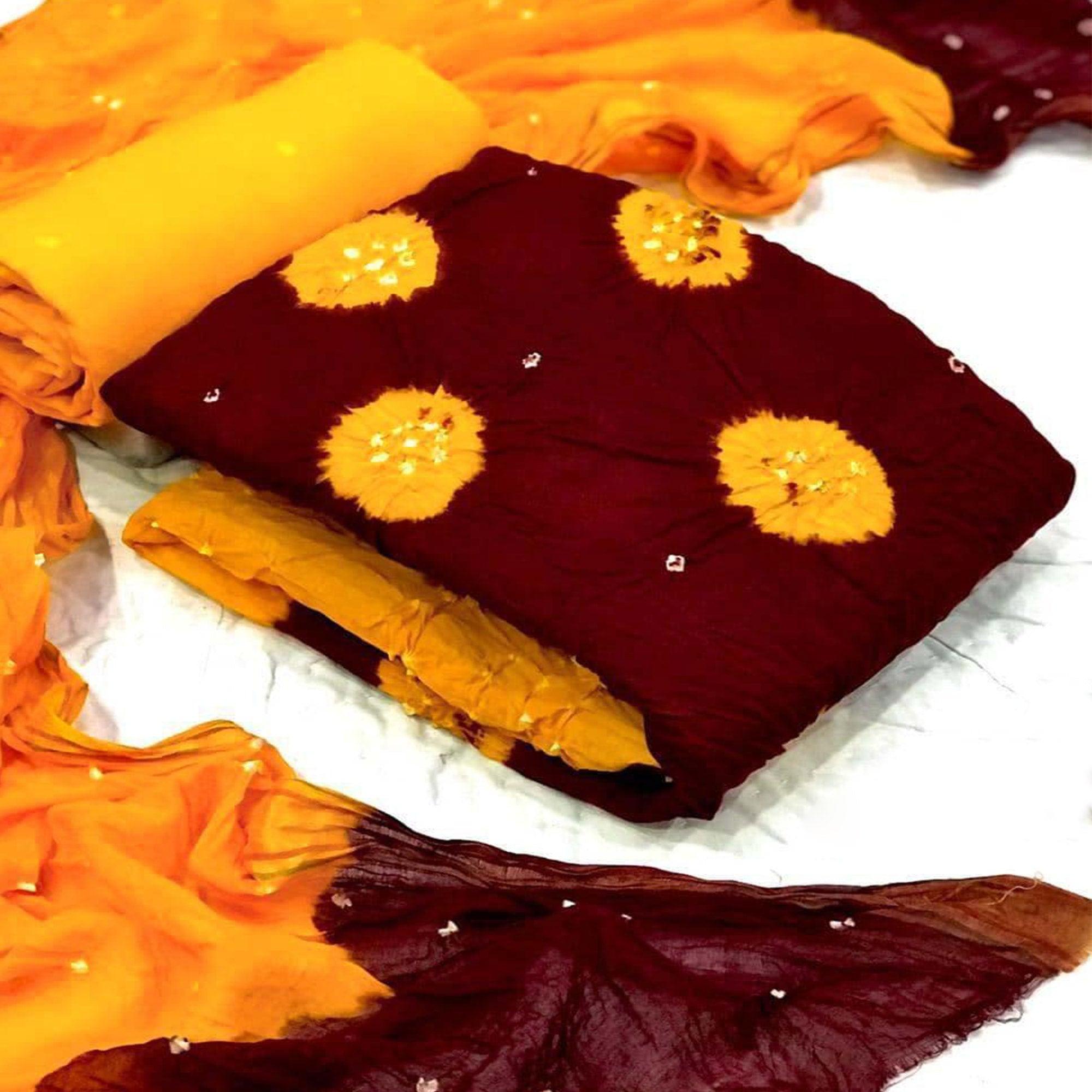 Maroon Bandhani Printed Pure Cotton Dress Material - Peachmode