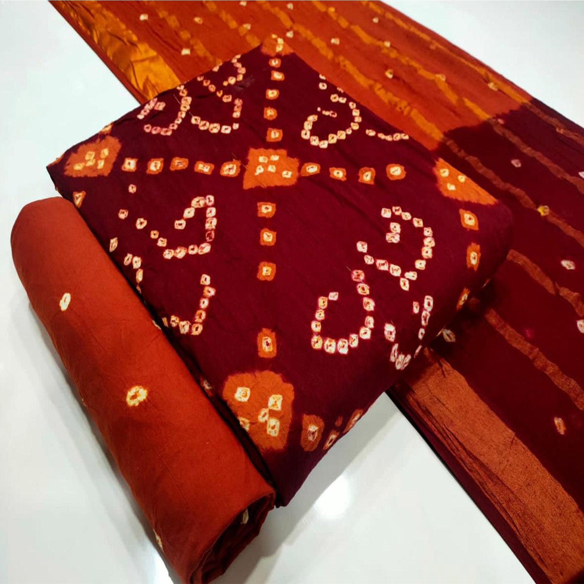 Maroon Bandhani Printed Pure Cotton Dress Material - Peachmode