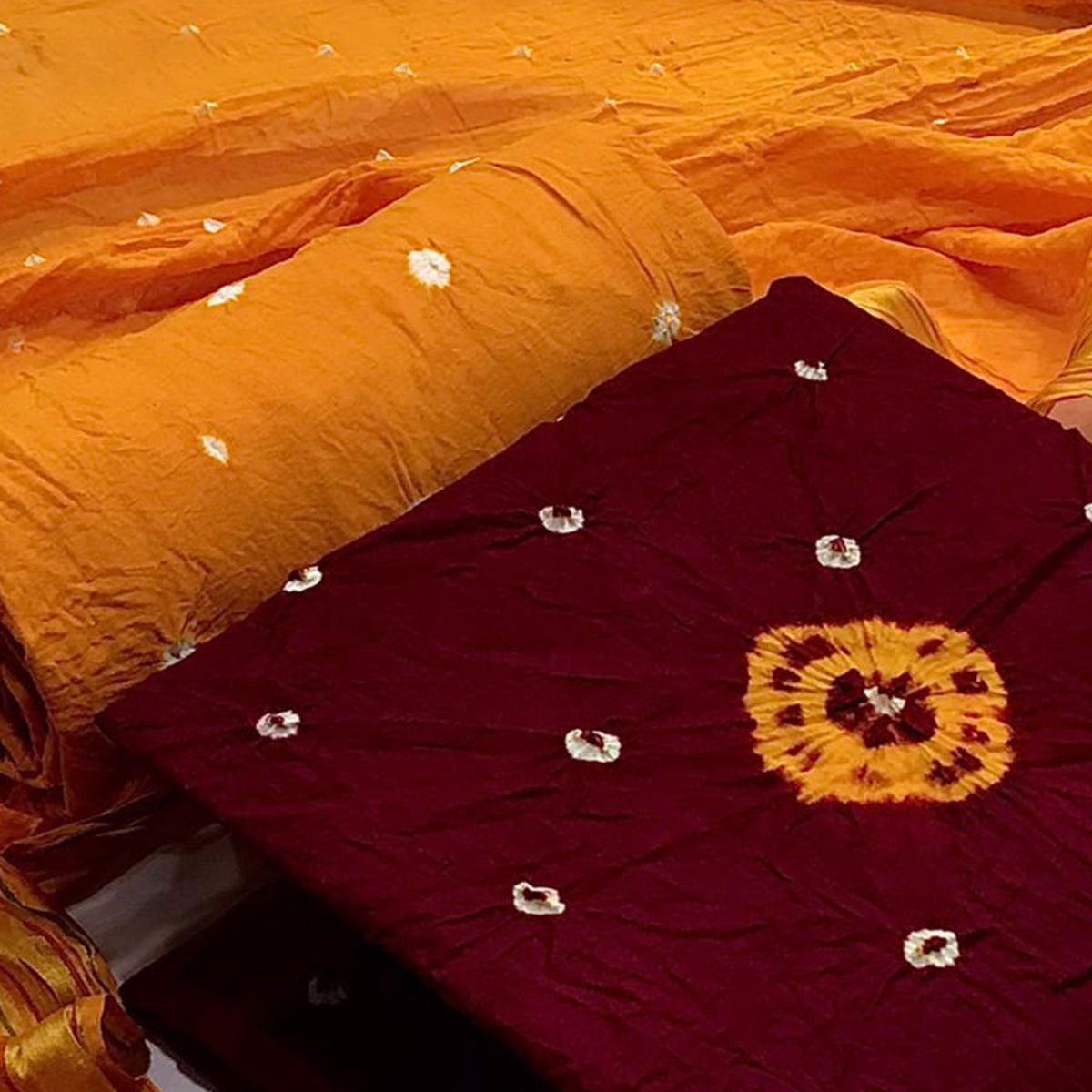 Maroon Bandhani Printed Pure Cotton Dress Material - Peachmode