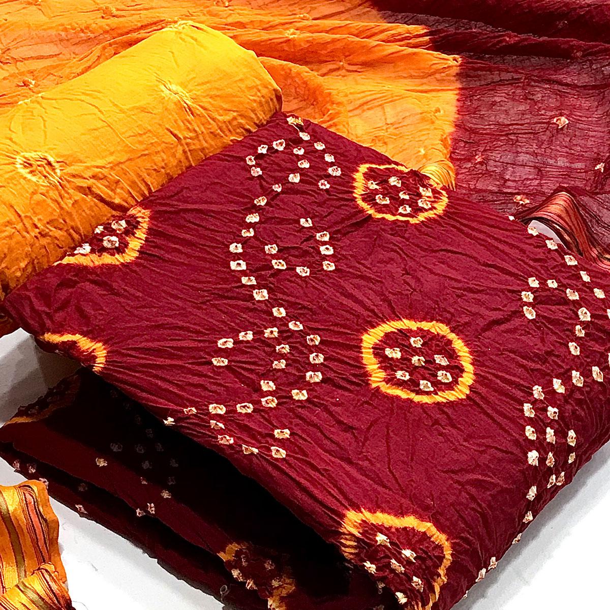 Maroon Bandhani Printed Pure Cotton Dress Material - Peachmode