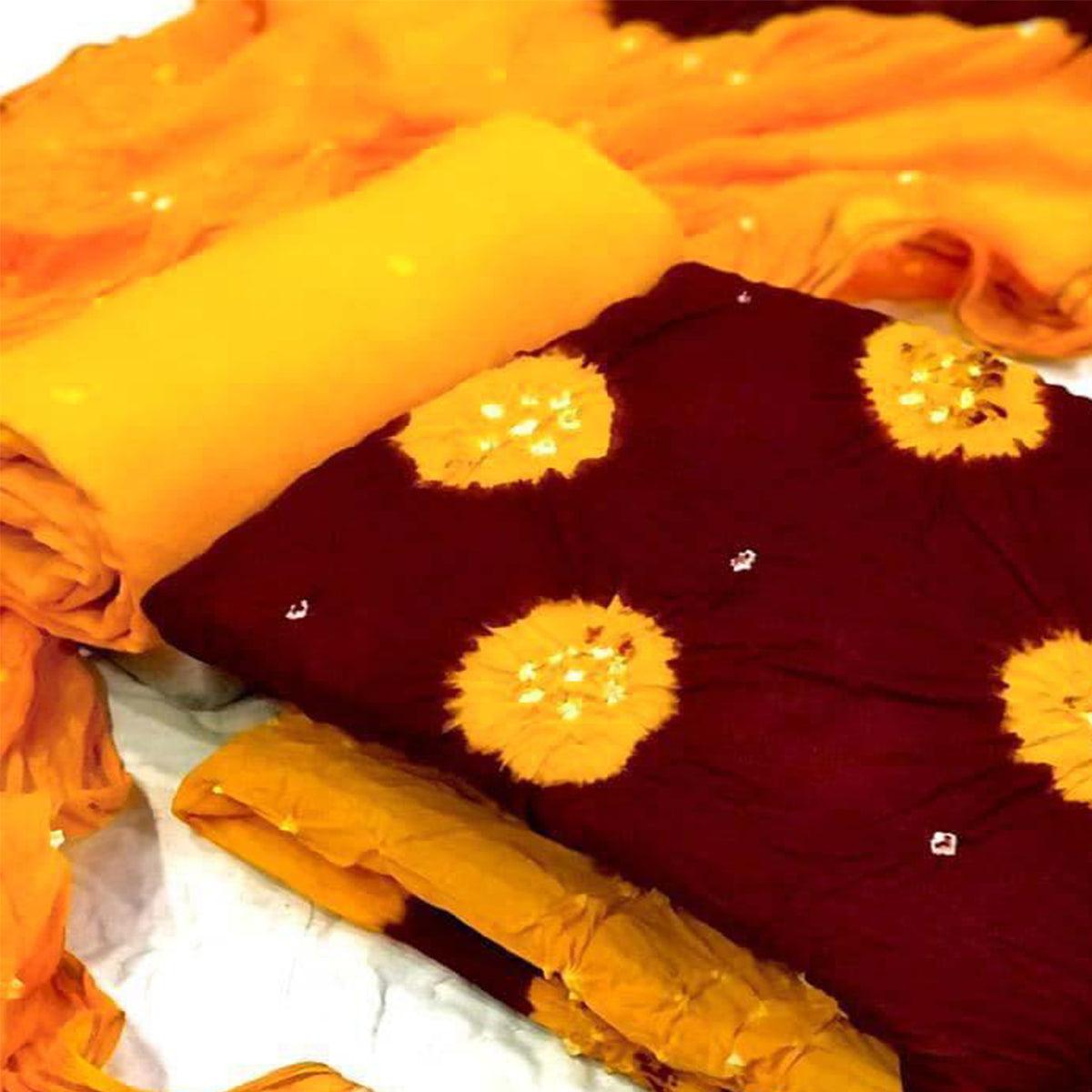 Maroon Bandhani Printed Pure Cotton Dress Material - Peachmode