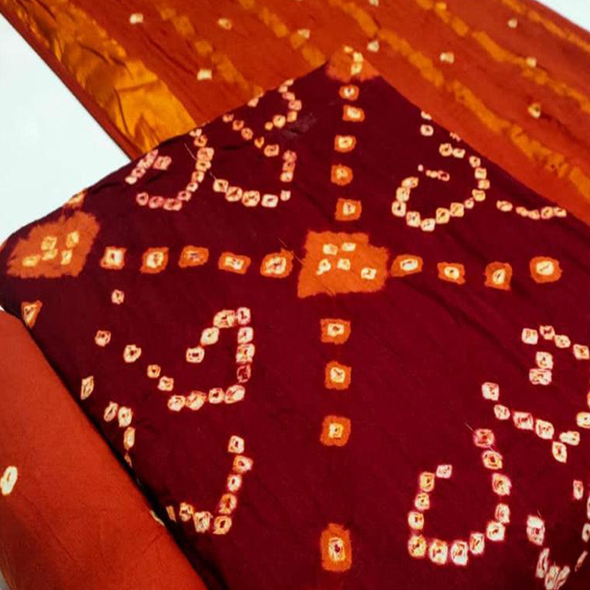 Maroon Bandhani Printed Pure Cotton Dress Material - Peachmode