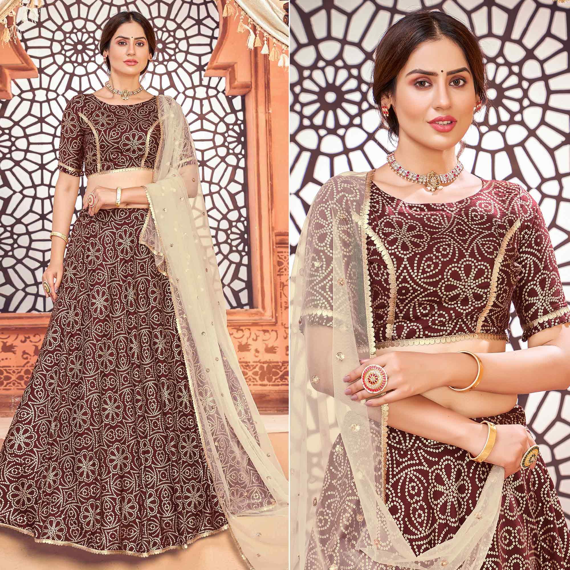 Maroon Bandhani Printed Tapetta Silk Lehenga Choli - Peachmode