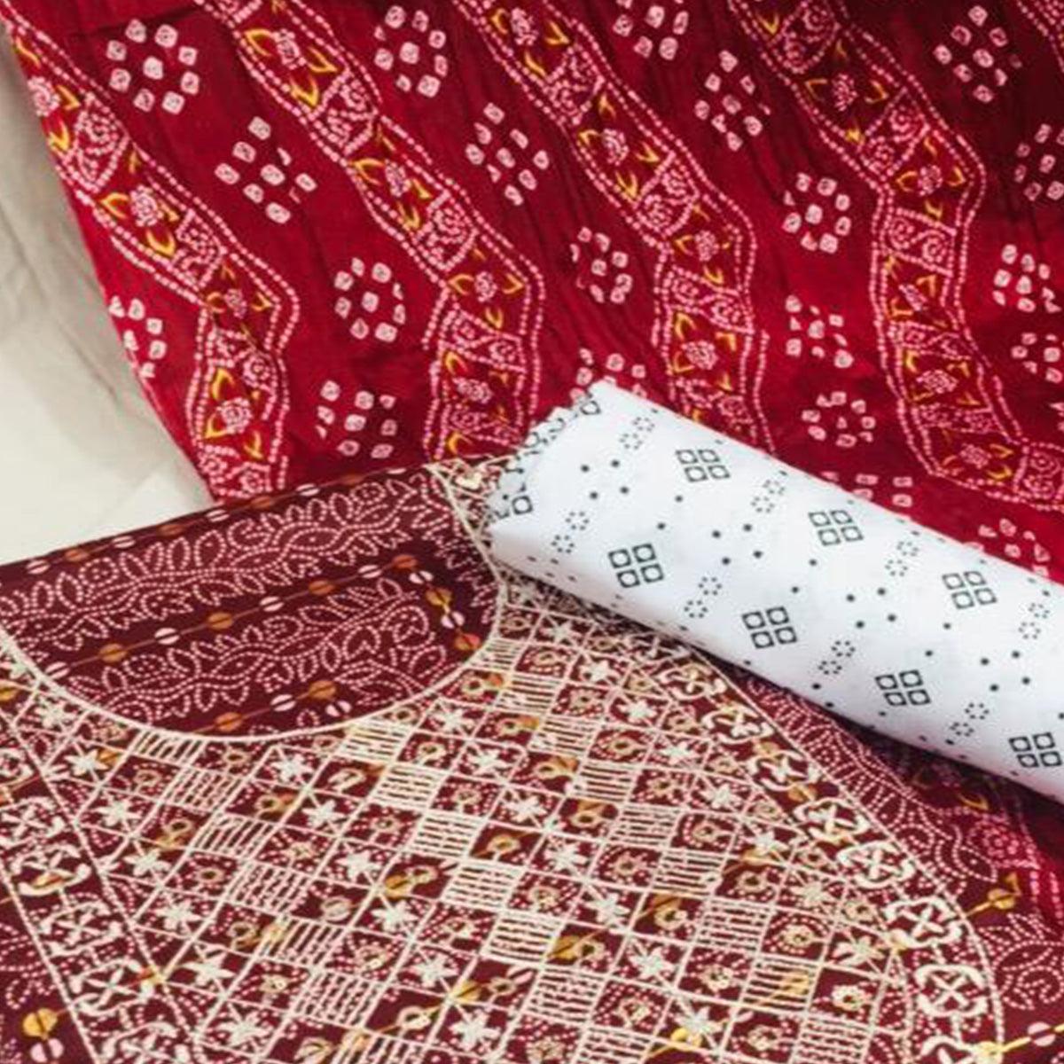 Maroon Bandhani Printed With Embellished Cotton Blend Dress Material - Peachmode