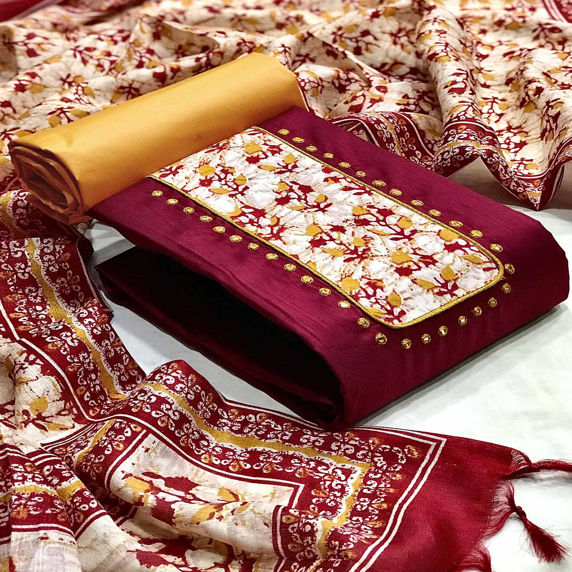 Maroon Batik Printed Art Silk Dress Material - Peachmode