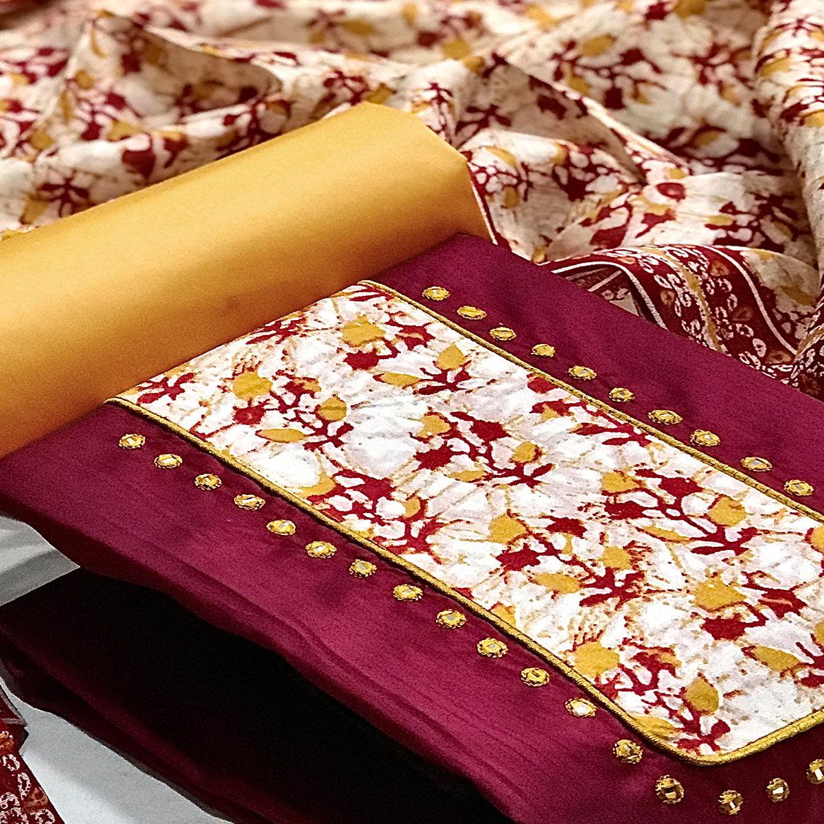 Maroon Batik Printed Art Silk Dress Material - Peachmode