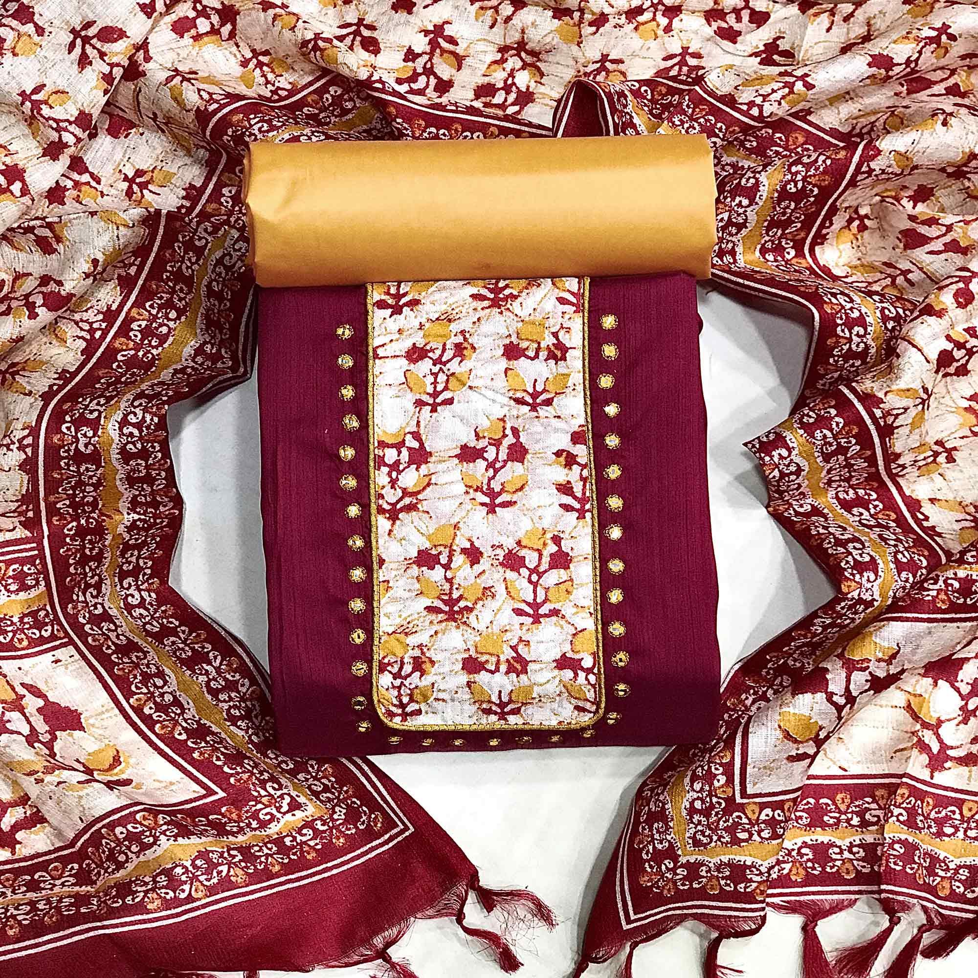 Maroon Batik Printed Art Silk Dress Material - Peachmode
