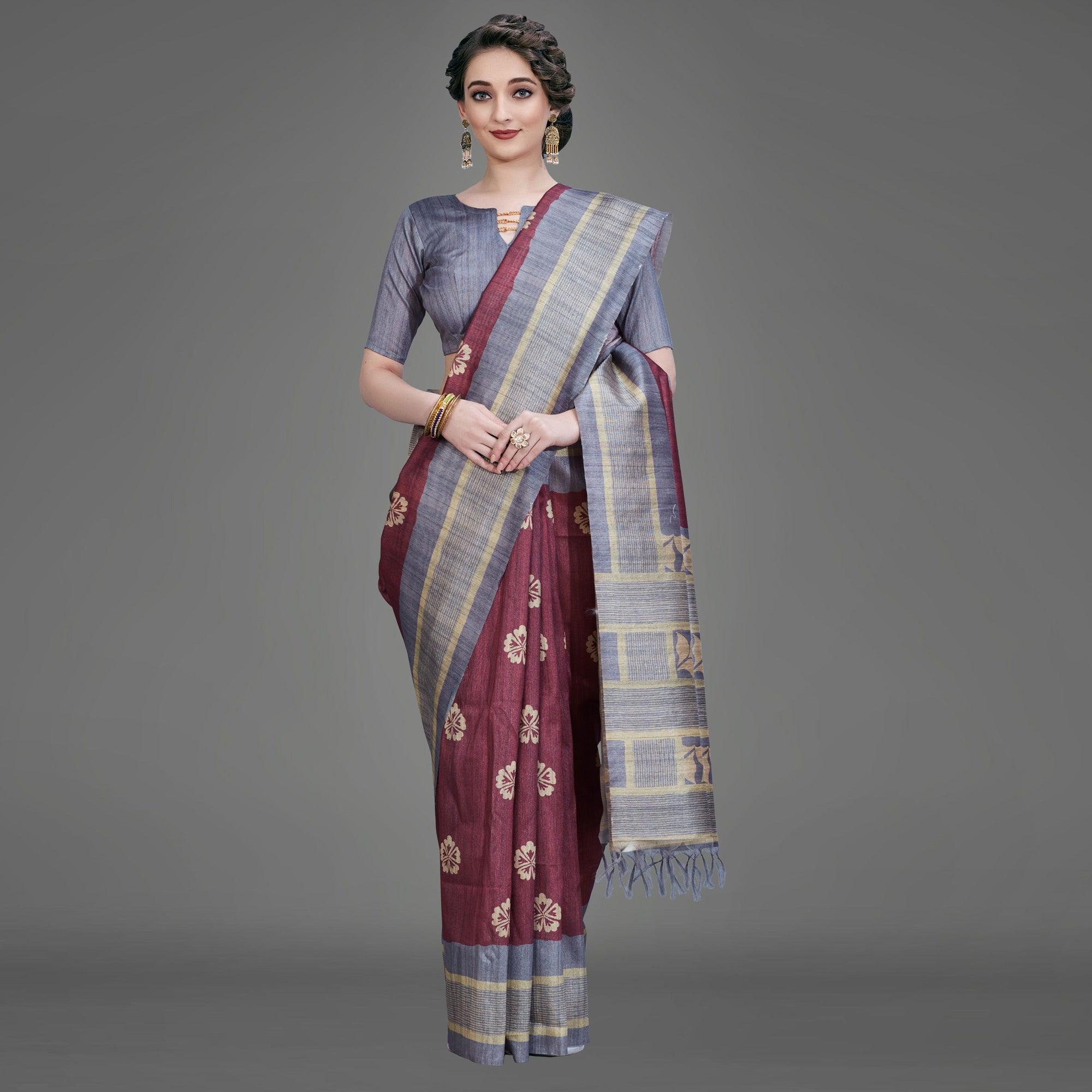 Maroon Casual Art Silk Printed Saree With Unstitched Blouse - Peachmode