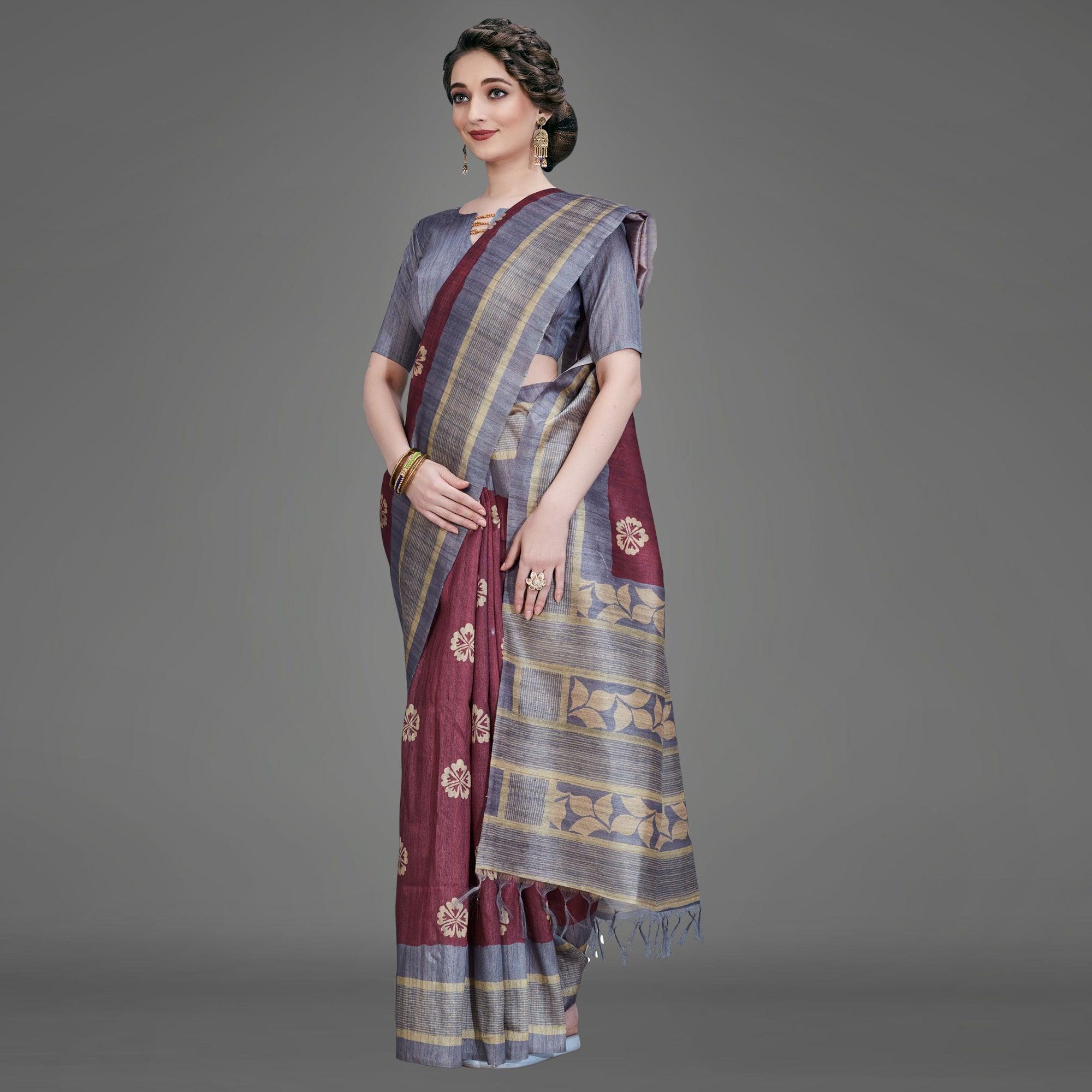 Maroon Casual Art Silk Printed Saree With Unstitched Blouse - Peachmode