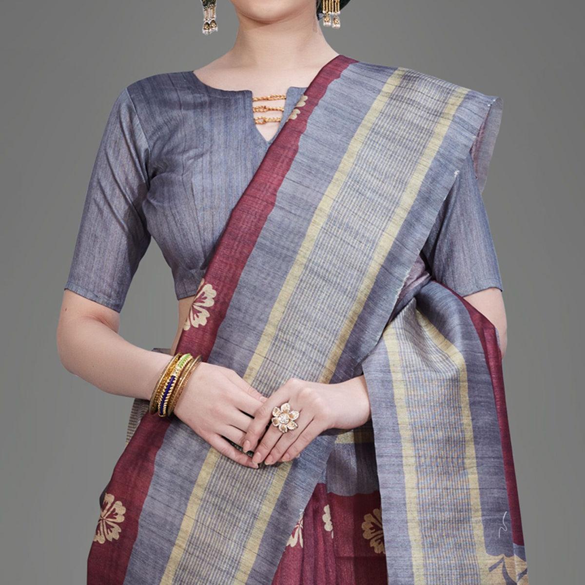 Maroon Casual Art Silk Printed Saree With Unstitched Blouse - Peachmode