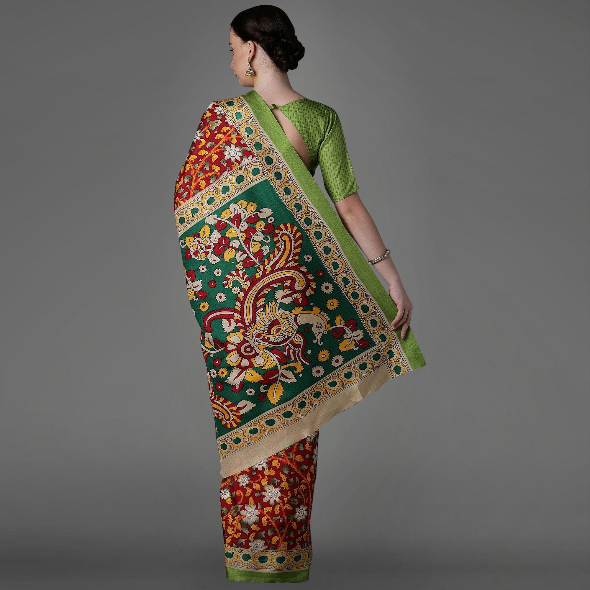 Maroon Casual Art Silk Printed Saree With Unstitched Blouse - Peachmode