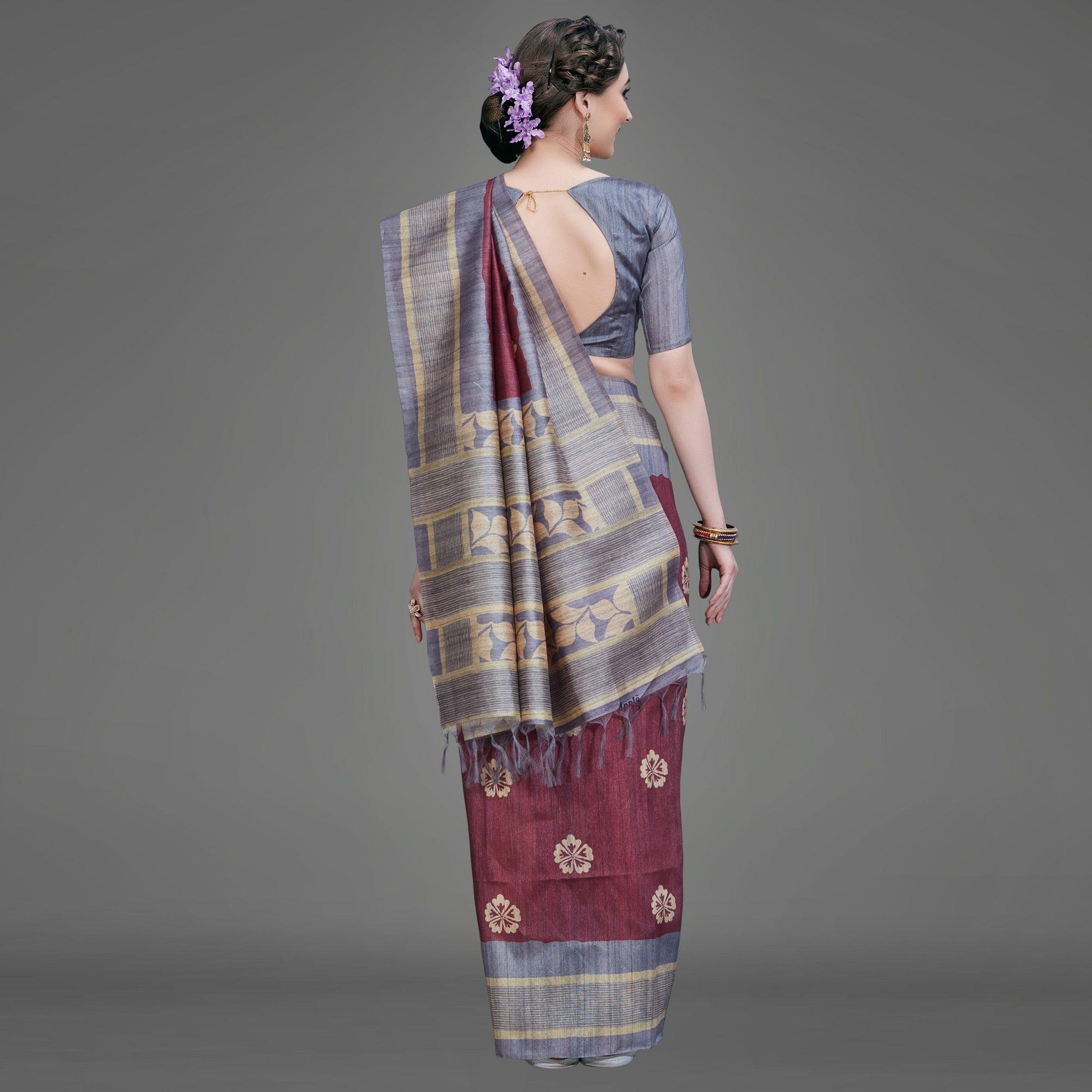 Maroon Casual Art Silk Printed Saree With Unstitched Blouse - Peachmode