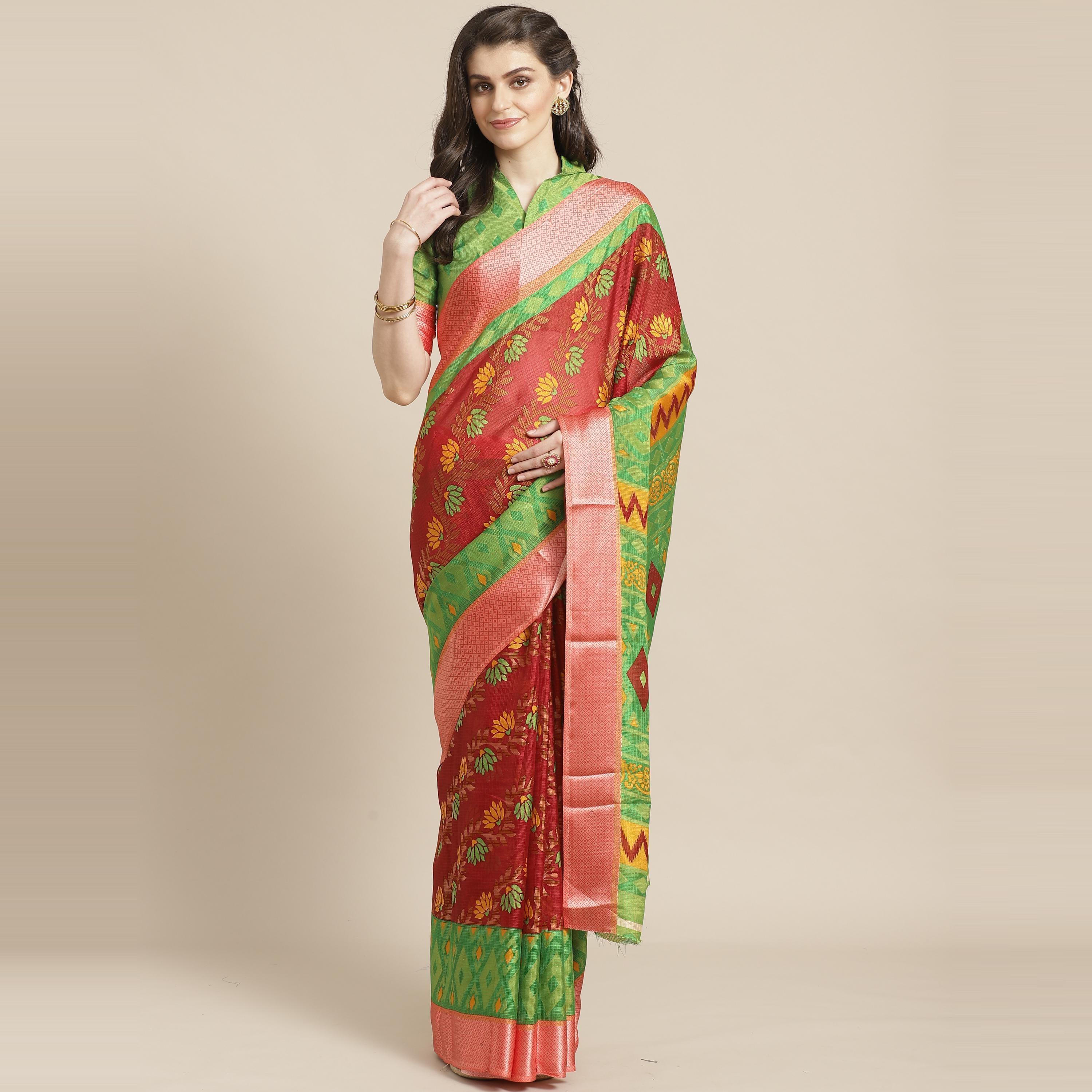 Maroon Casual Brasso Printed Saree With Unstitched Blouse - Peachmode