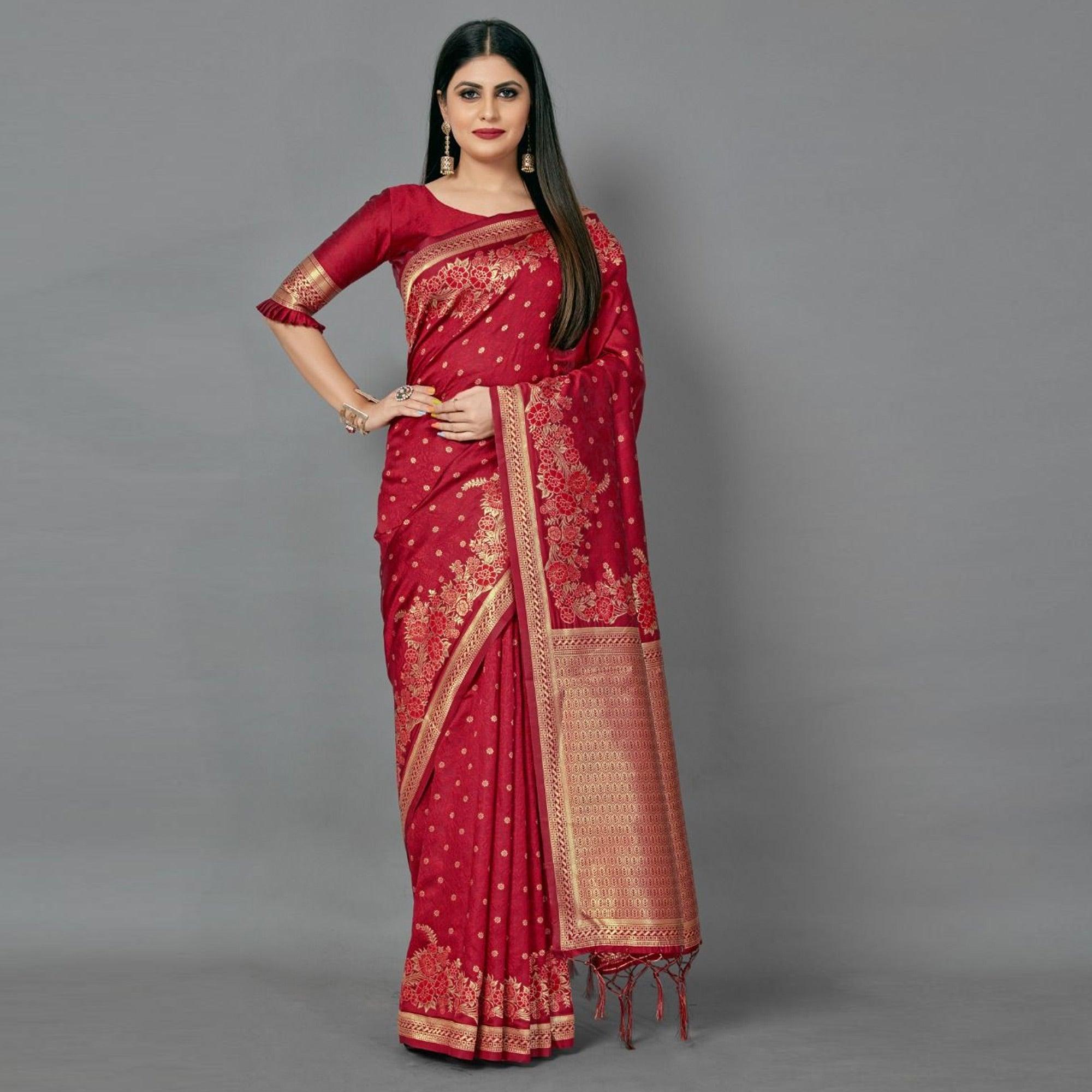 Maroon Casual Silk Blend Printed Saree With Unstitched Blouse - Peachmode