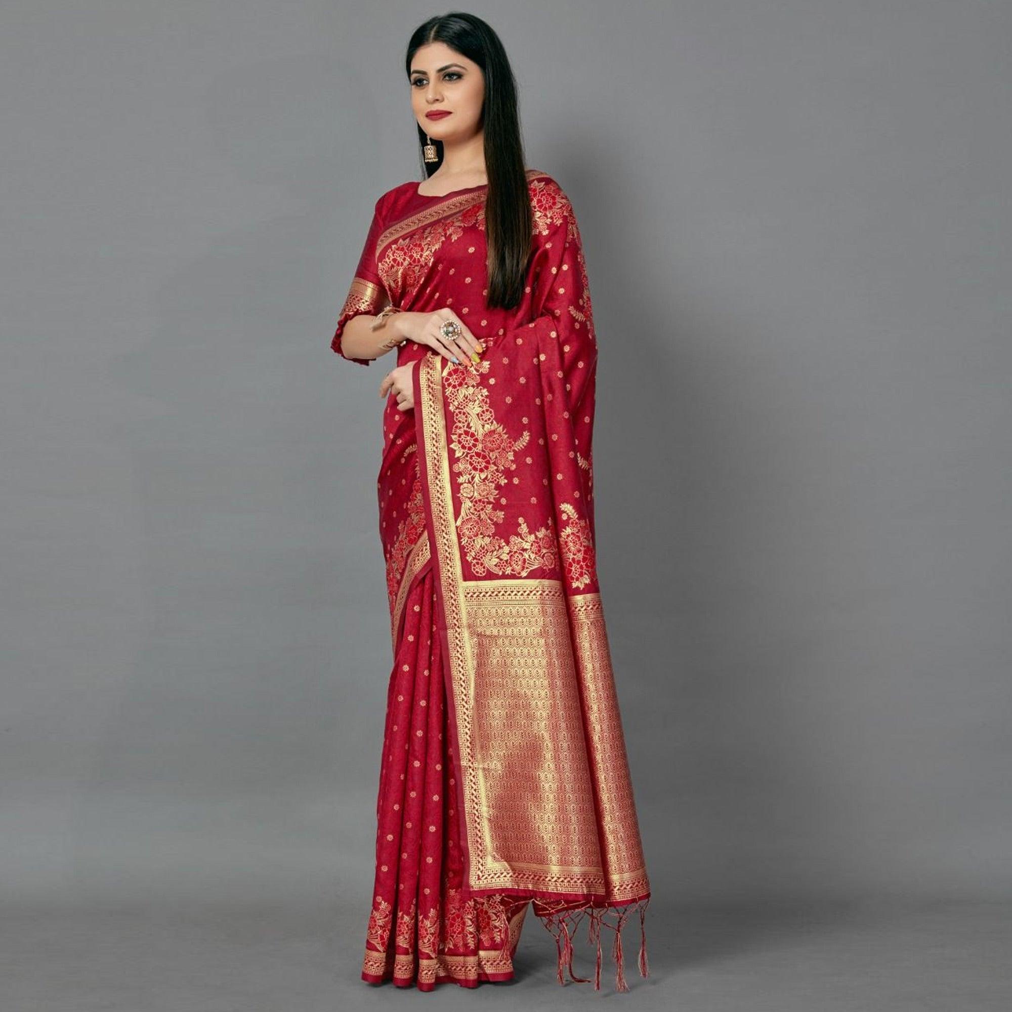 Maroon Casual Silk Blend Printed Saree With Unstitched Blouse - Peachmode