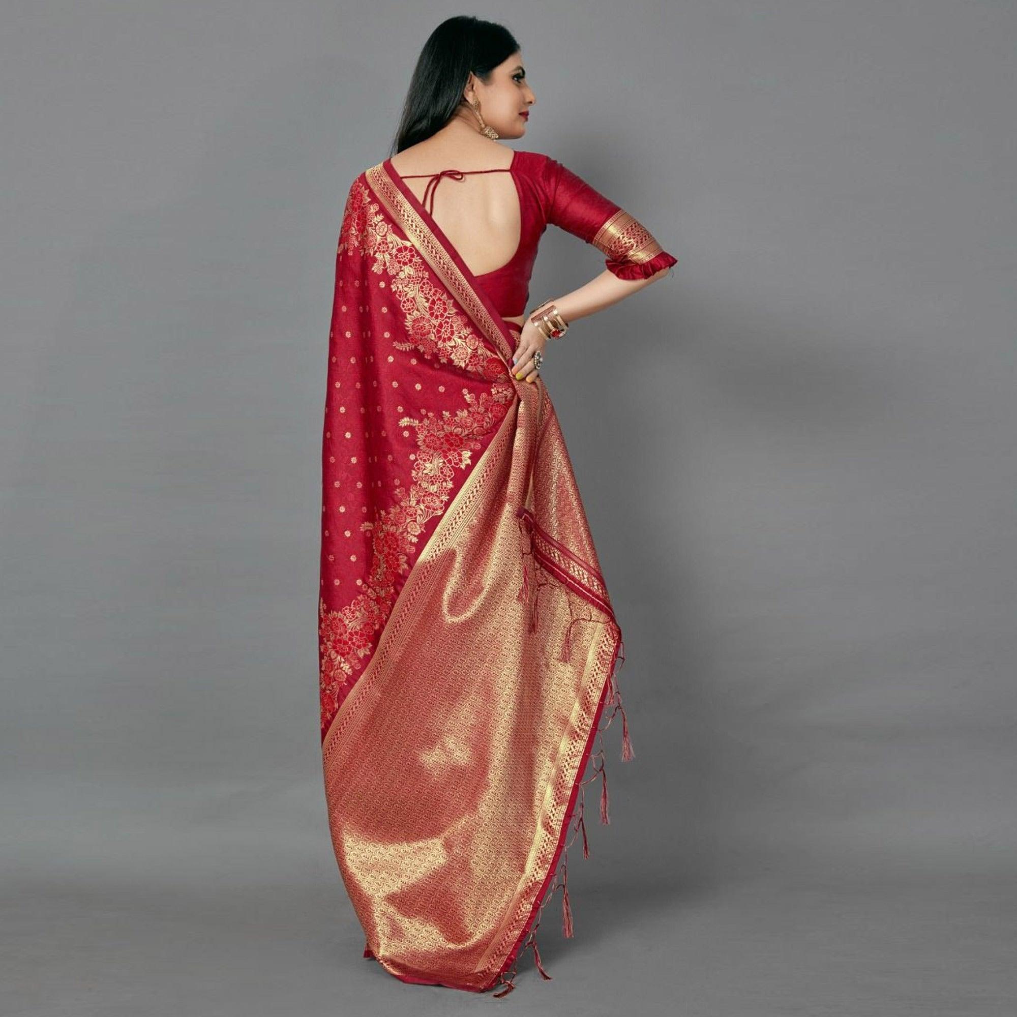 Maroon Casual Silk Blend Printed Saree With Unstitched Blouse - Peachmode