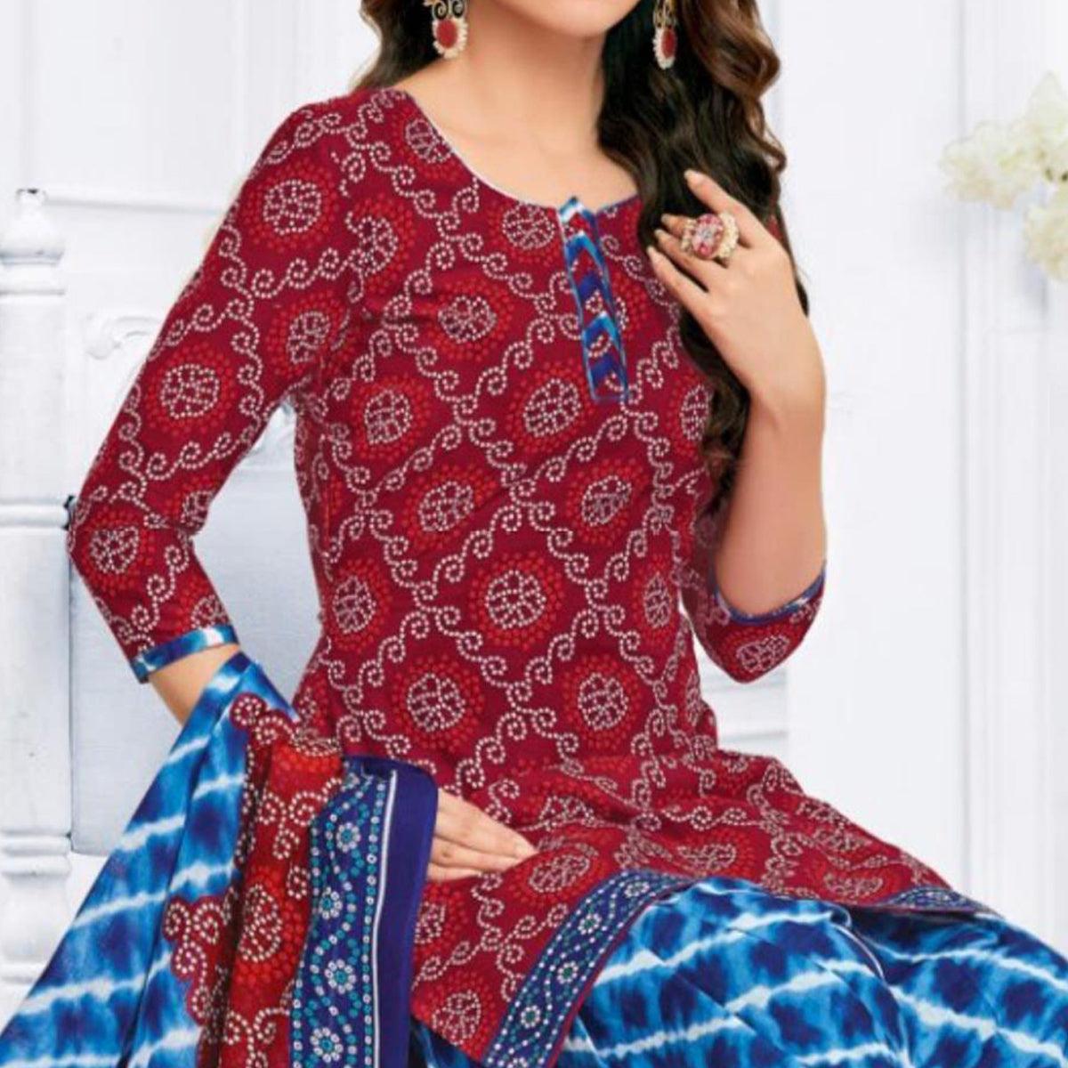 Maroon Casual Wear Bandhani Batik Printed Cotton Patiala Dress Materia