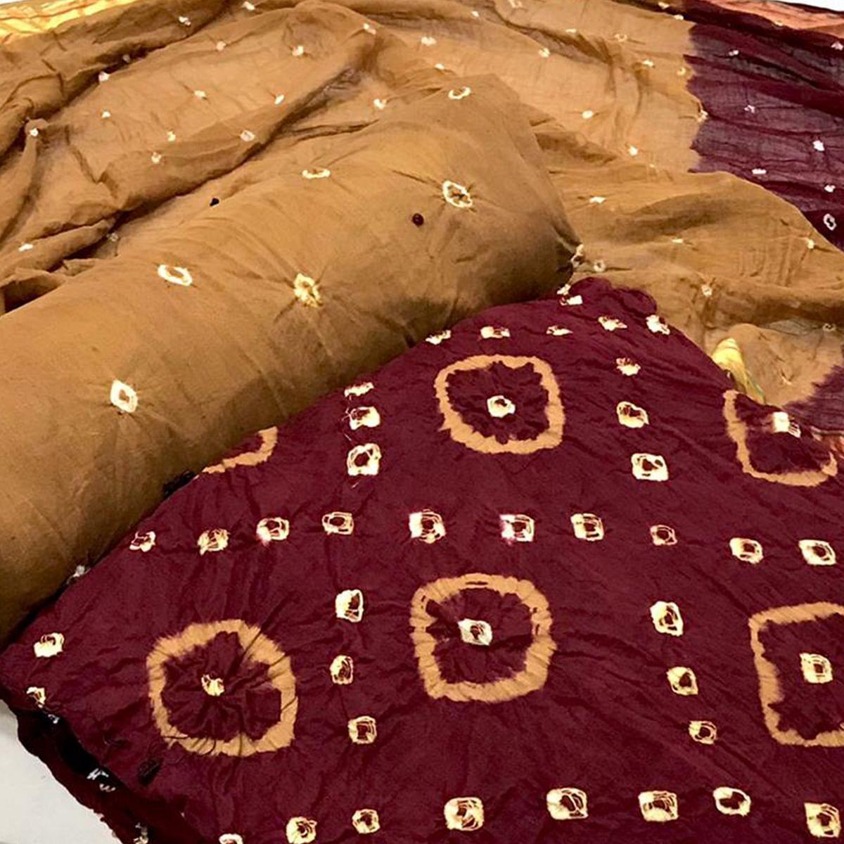 Maroon Casual Wear Bandhani Printed Pure Cotton Dress Material - Peachmode