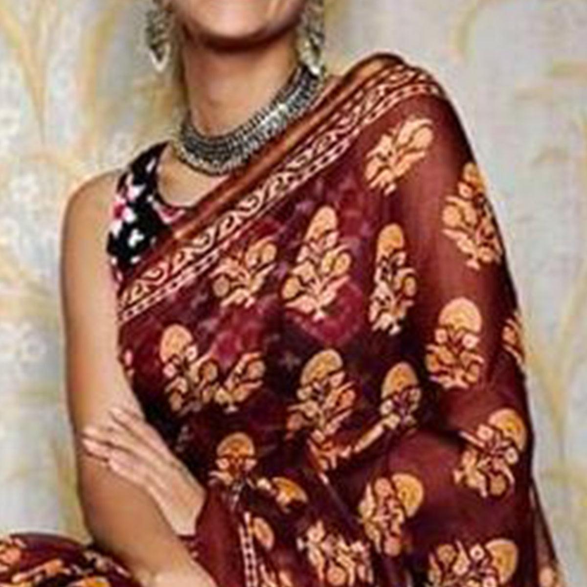 Maroon Casual Wear Digital Printed Chanderi Silk Saree - Peachmode