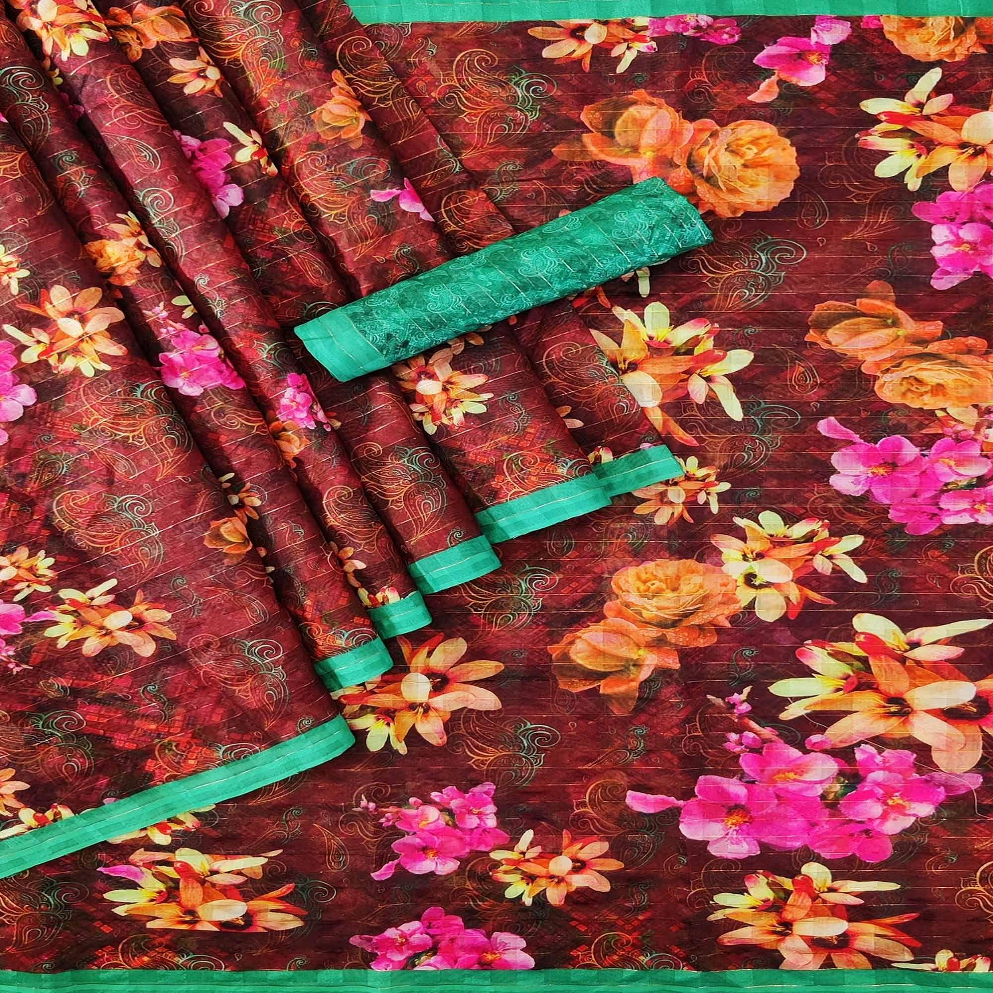 Maroon Casual Wear Digital Printed Cotton Silk Saree - Peachmode