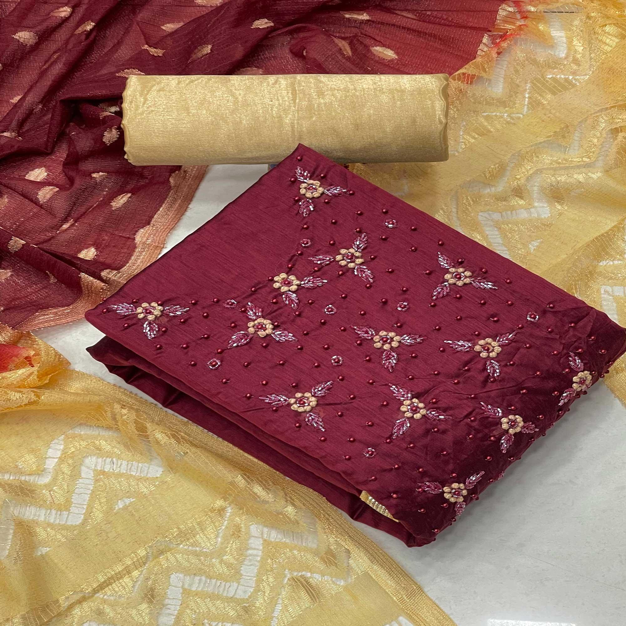 Maroon Casual Wear Embellished Modal Silk Dress Material - Peachmode
