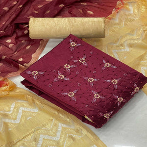 Maroon Casual Wear Embellished Modal Silk Dress Material - Peachmode