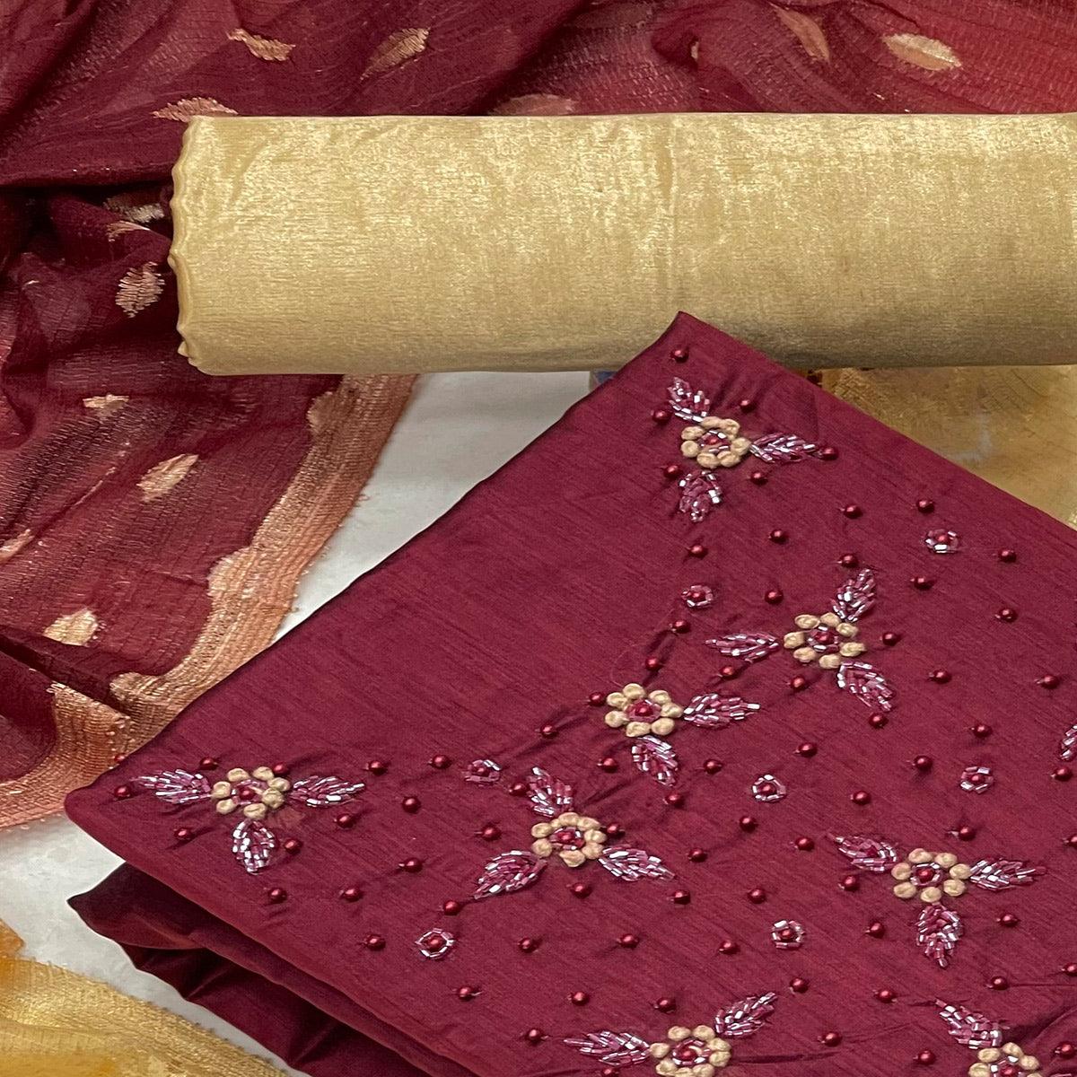 Maroon Casual Wear Embellished Modal Silk Dress Material - Peachmode