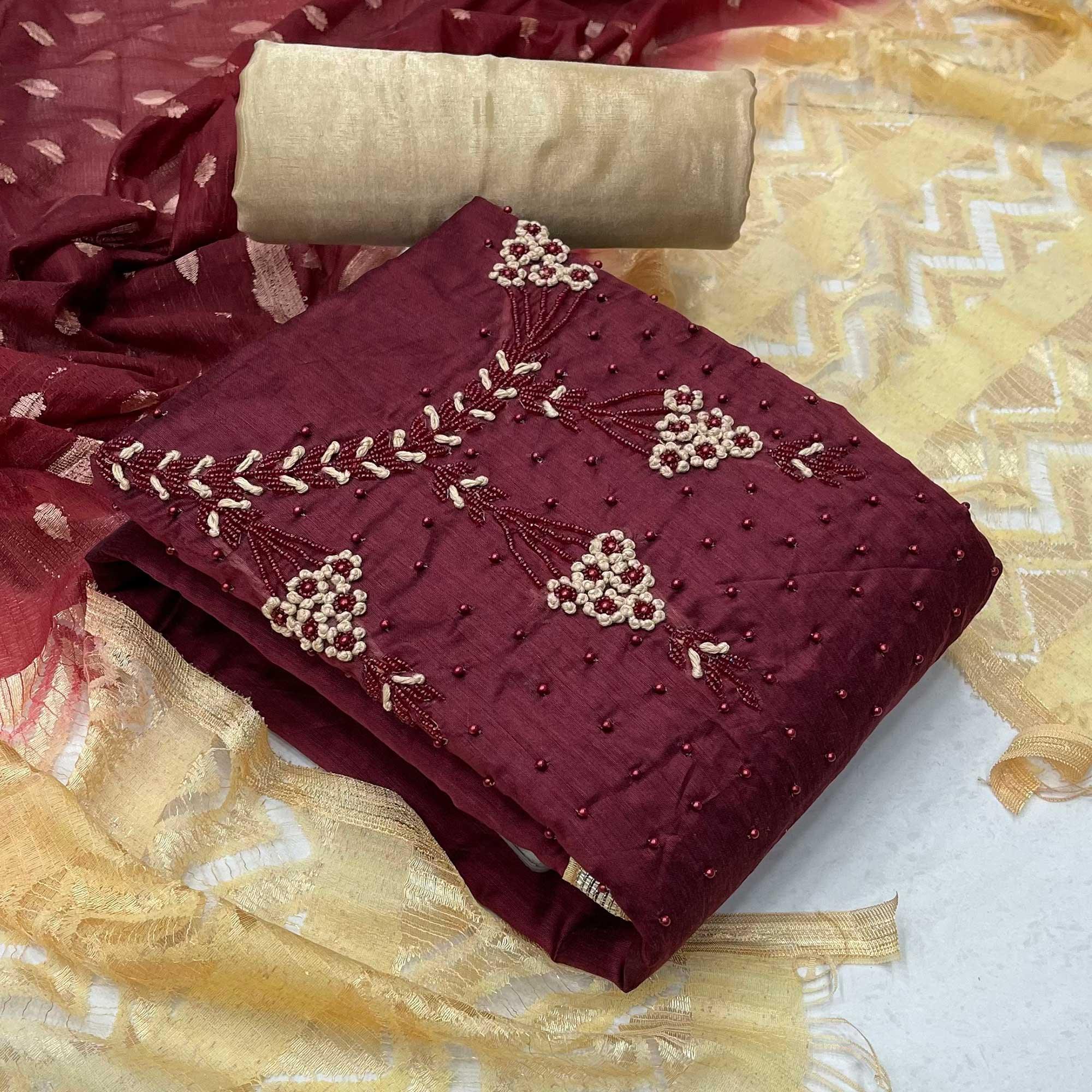 Maroon Casual Wear Embellished With Embroidered Modal Silk Dress Material - Peachmode