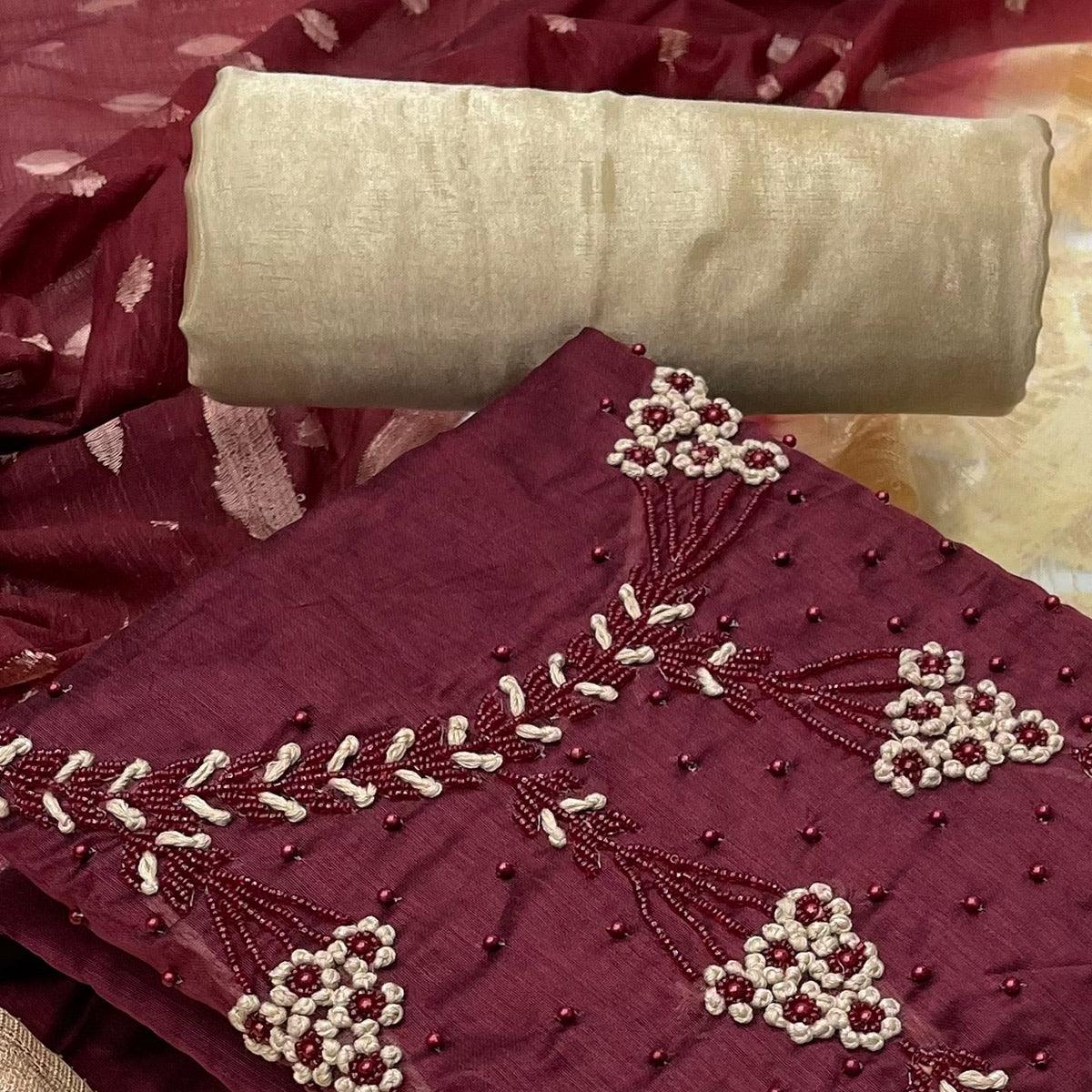 Maroon Casual Wear Embellished With Embroidered Modal Silk Dress Material - Peachmode