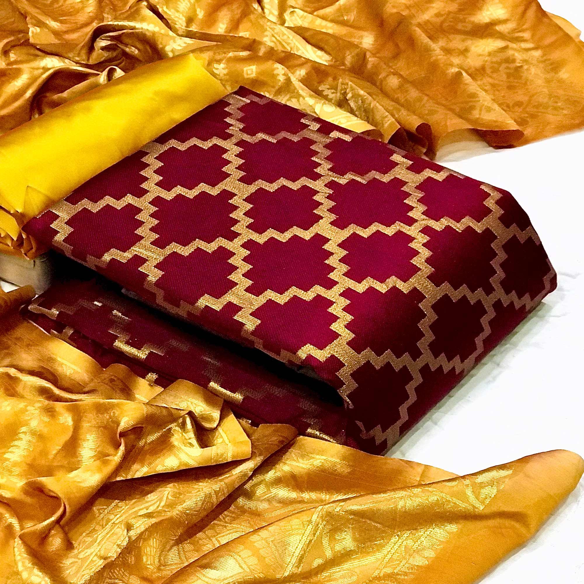 Maroon Casual Wear Embroidered Banarasi Silk Dress Material - Peachmode