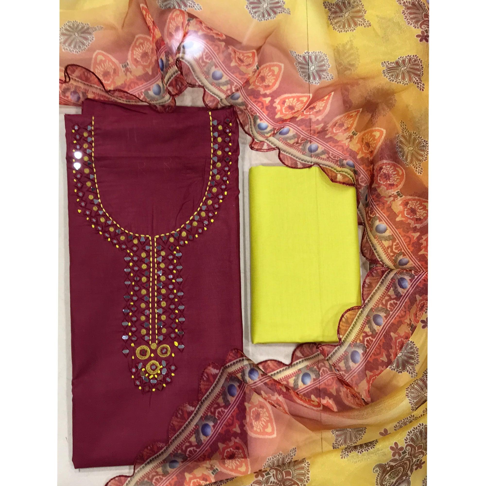 Maroon Casual Wear Embroidered Cotton Dress Material - Peachmode