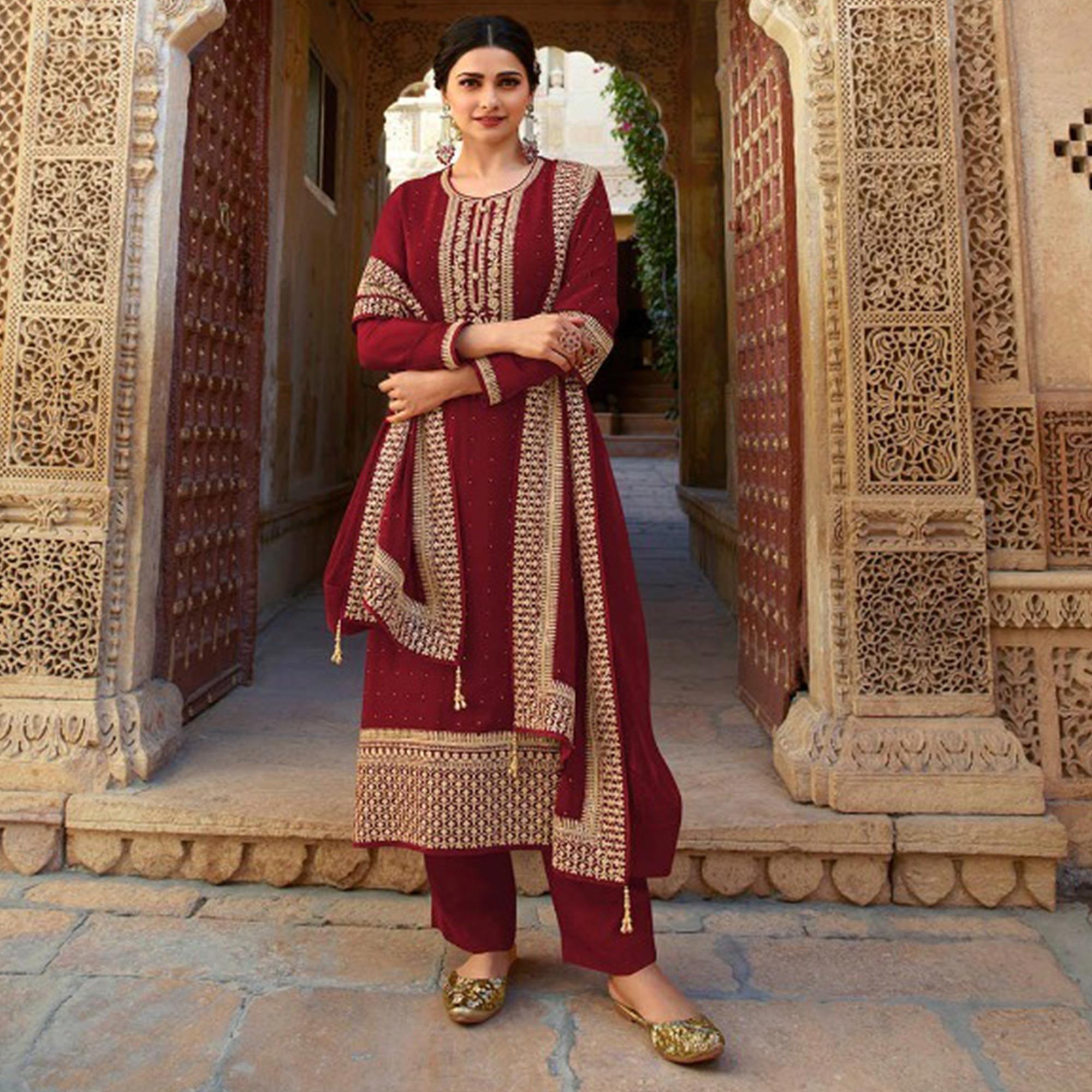 Maroon Casual Wear Embroidered Faux Georgette Salwar Suit - Peachmode