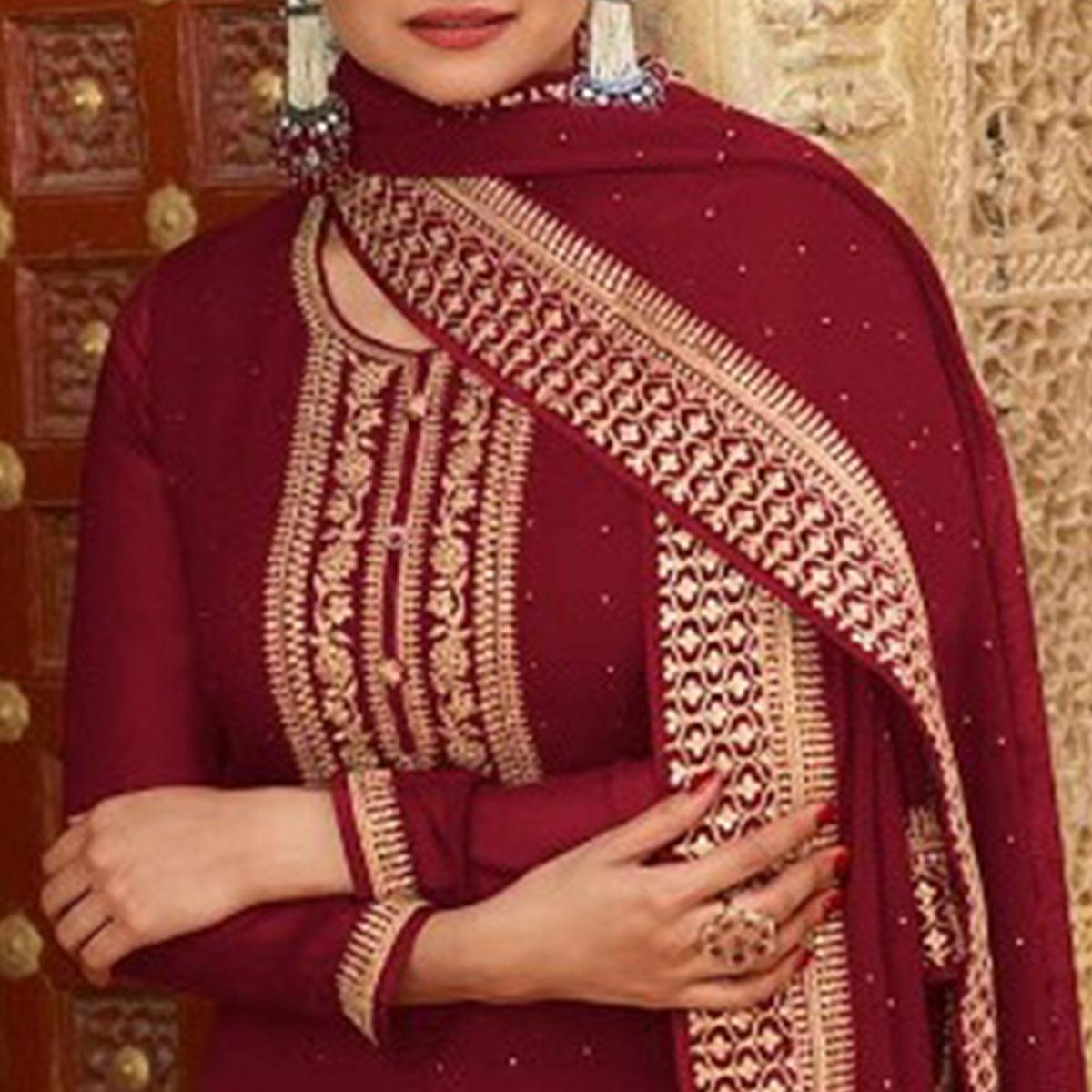 Maroon Casual Wear Embroidered Faux Georgette Salwar Suit - Peachmode