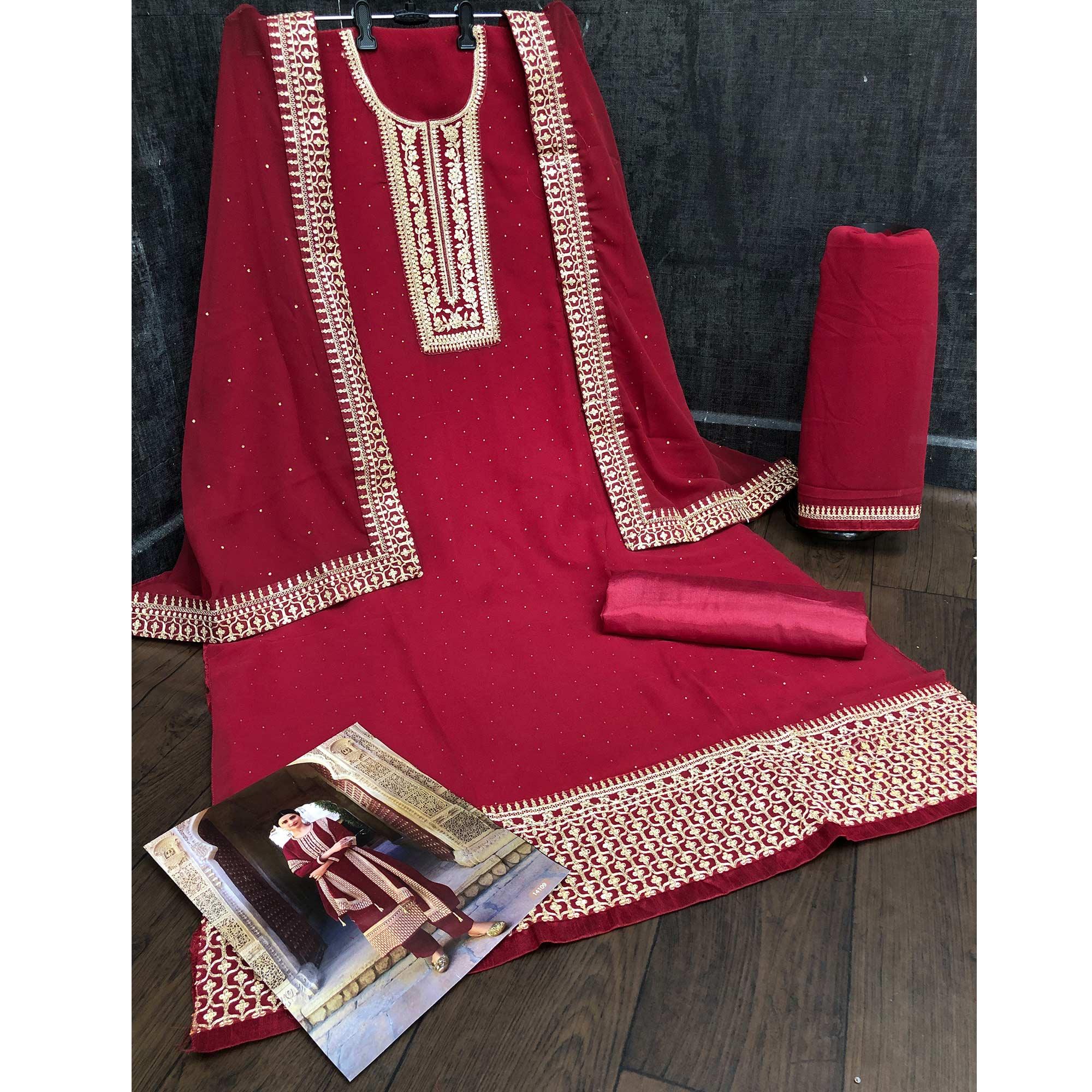 Maroon Casual Wear Embroidered Faux Georgette Salwar Suit - Peachmode