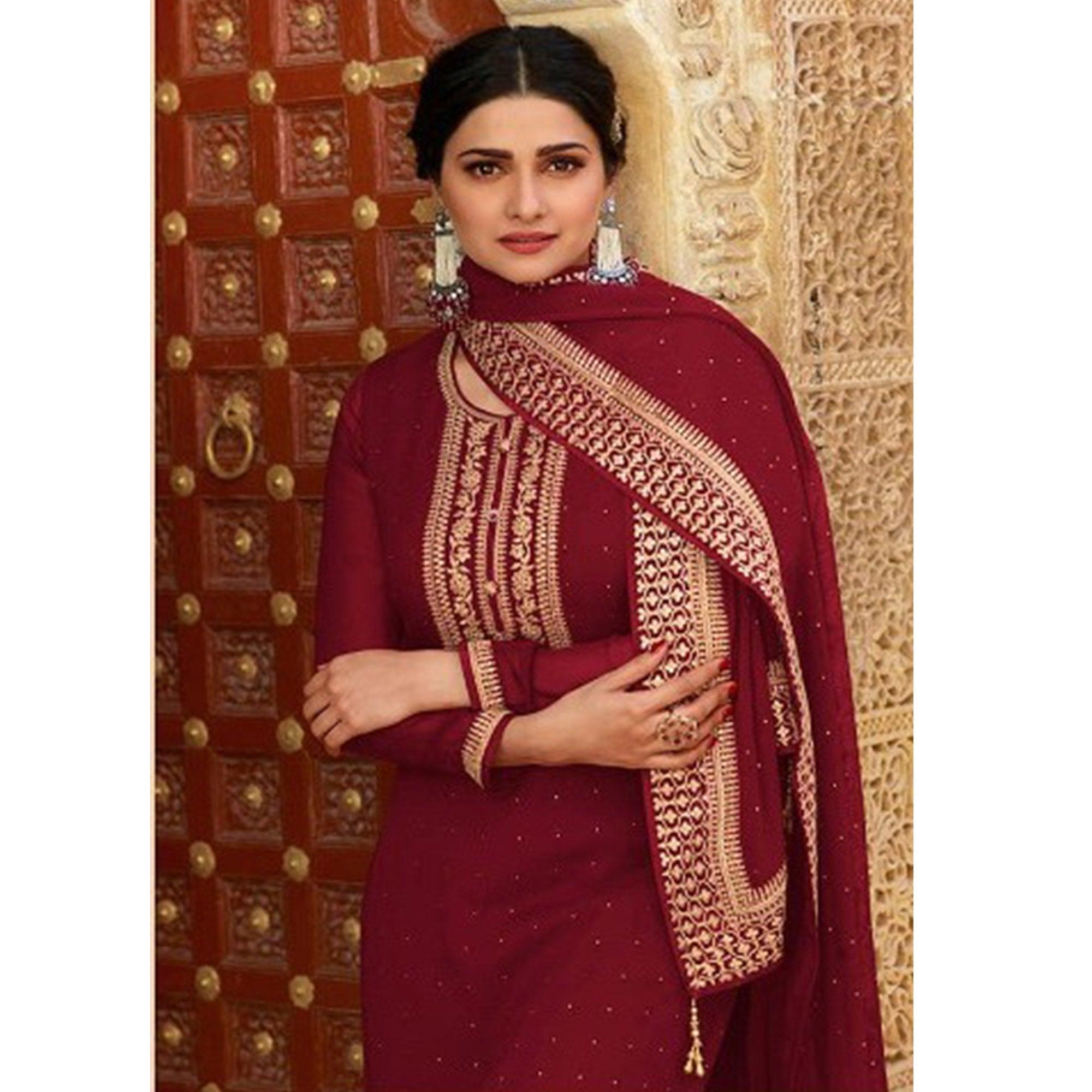 Maroon Casual Wear Embroidered Faux Georgette Salwar Suit - Peachmode