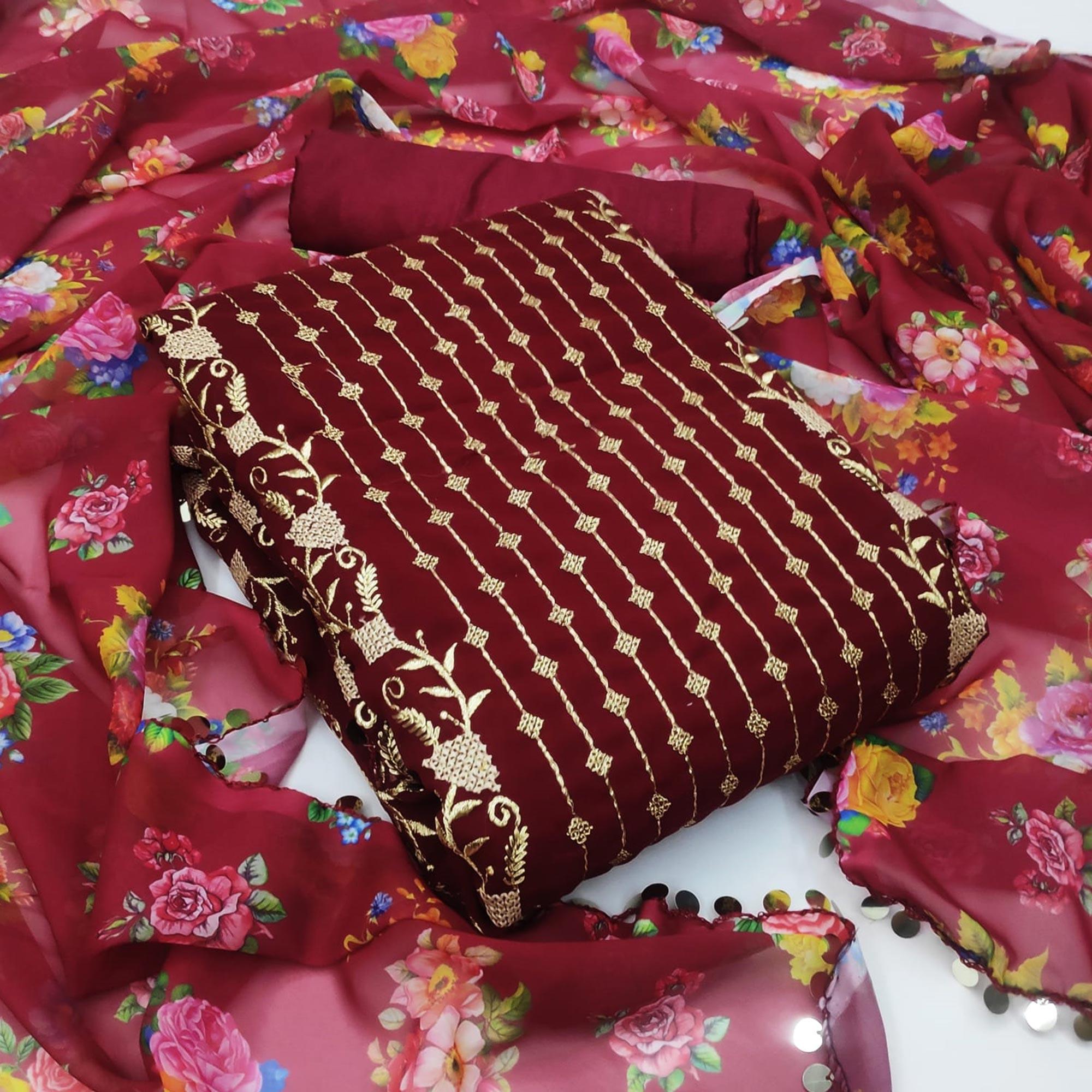 Maroon Casual Wear Embroidered Georgette Dress Material - Peachmode