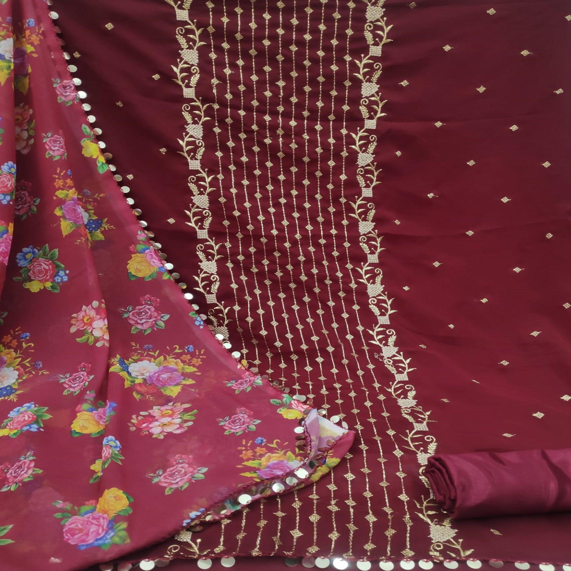 Maroon Casual Wear Embroidered Georgette Dress Material - Peachmode