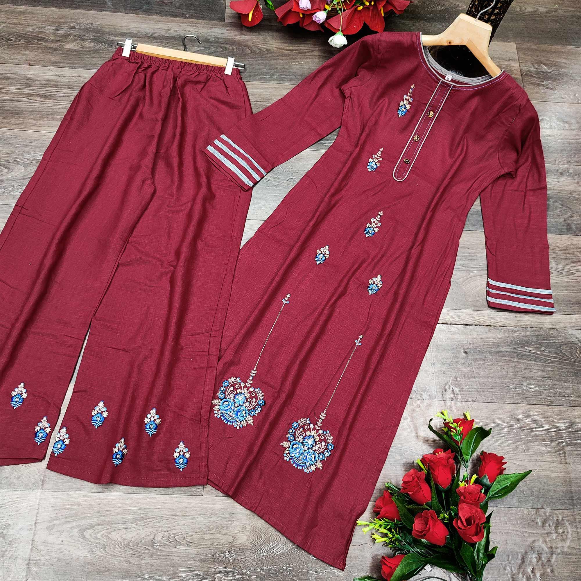 Maroon Casual Wear Embroidered Heavy Rayon Kurti - Palazzo Set - Peachmode