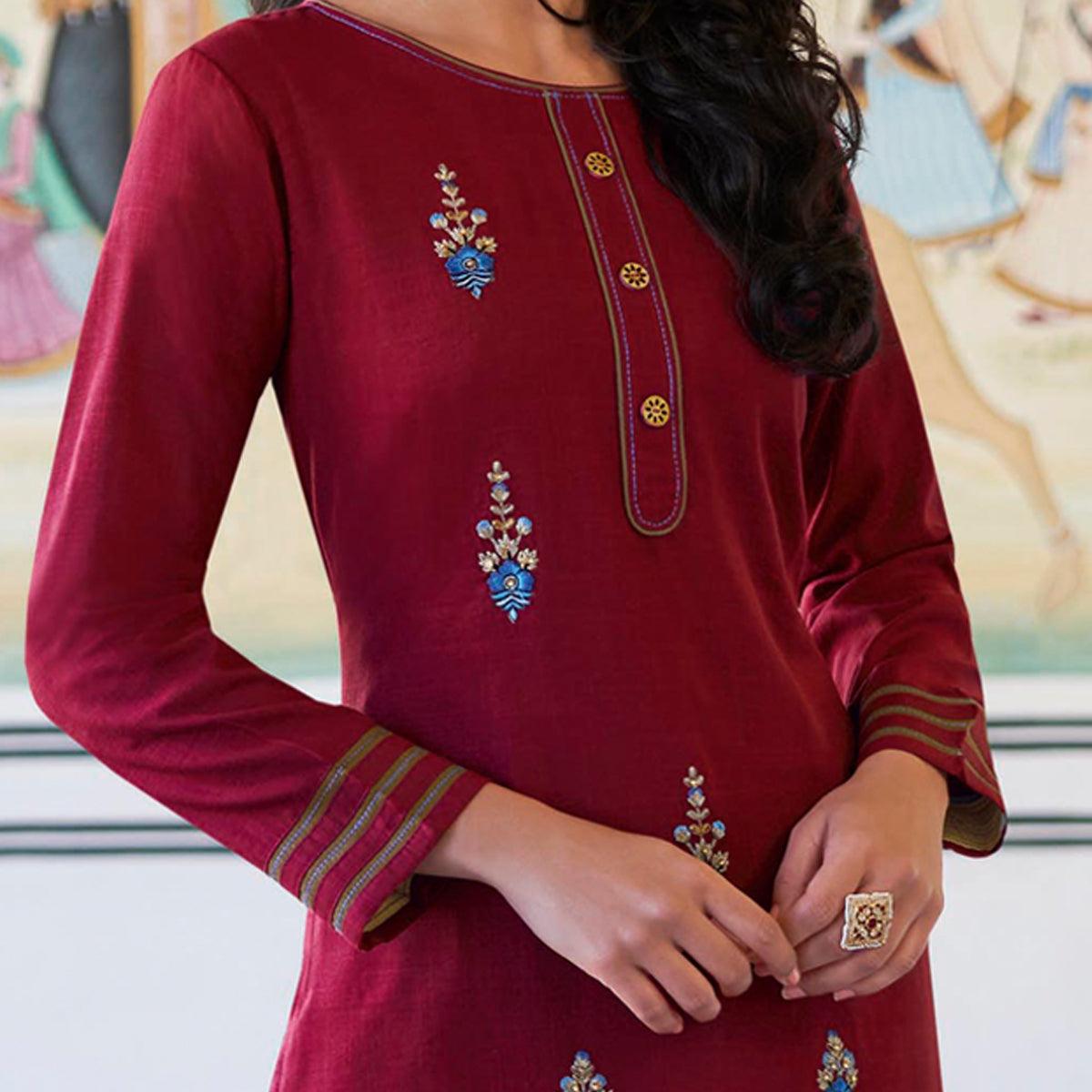 Maroon Casual Wear Embroidered Heavy Rayon Kurti - Palazzo Set - Peachmode