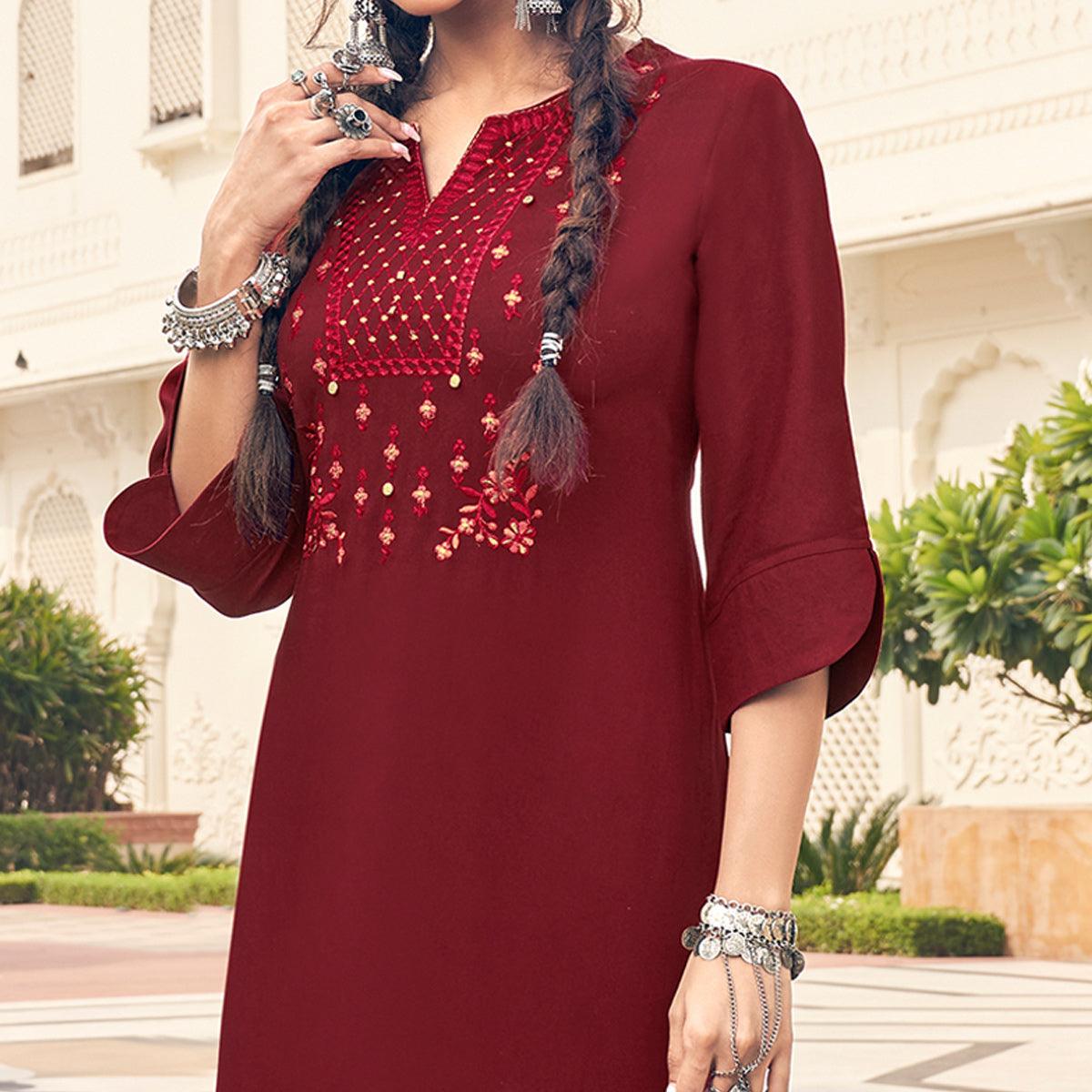 Maroon Casual Wear Embroidered Heavy Rayon Kurti - Palazzo Set - Peachmode