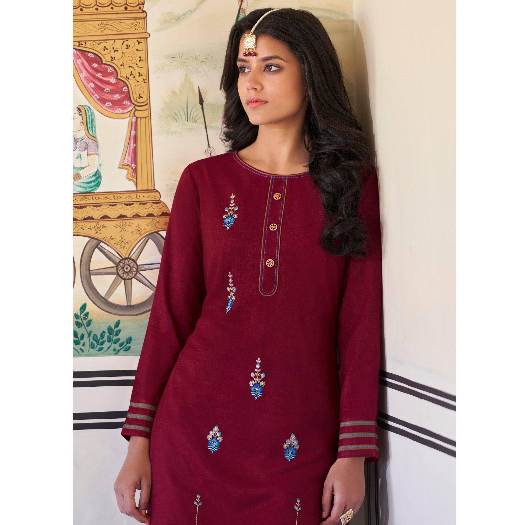 Maroon Casual Wear Embroidered Heavy Rayon Kurti - Palazzo Set - Peachmode